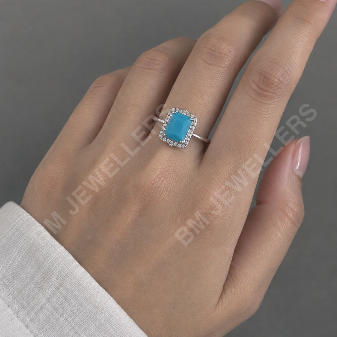 "The Emerald Cut Turquoise Halo" Feroza Ring - BM Jewellers