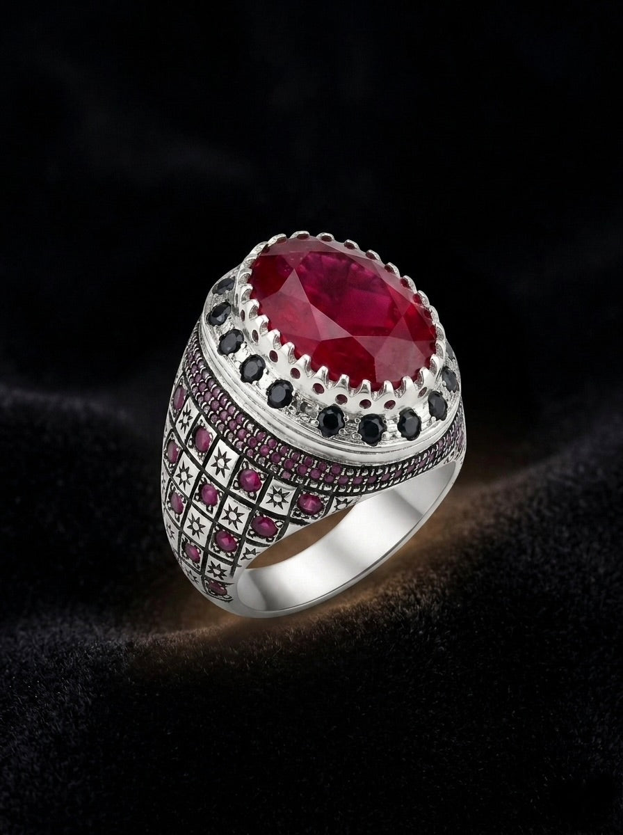Red Ruby & Blue Sapphire Sterling Silver Ring (Yaqoot & Neelam)