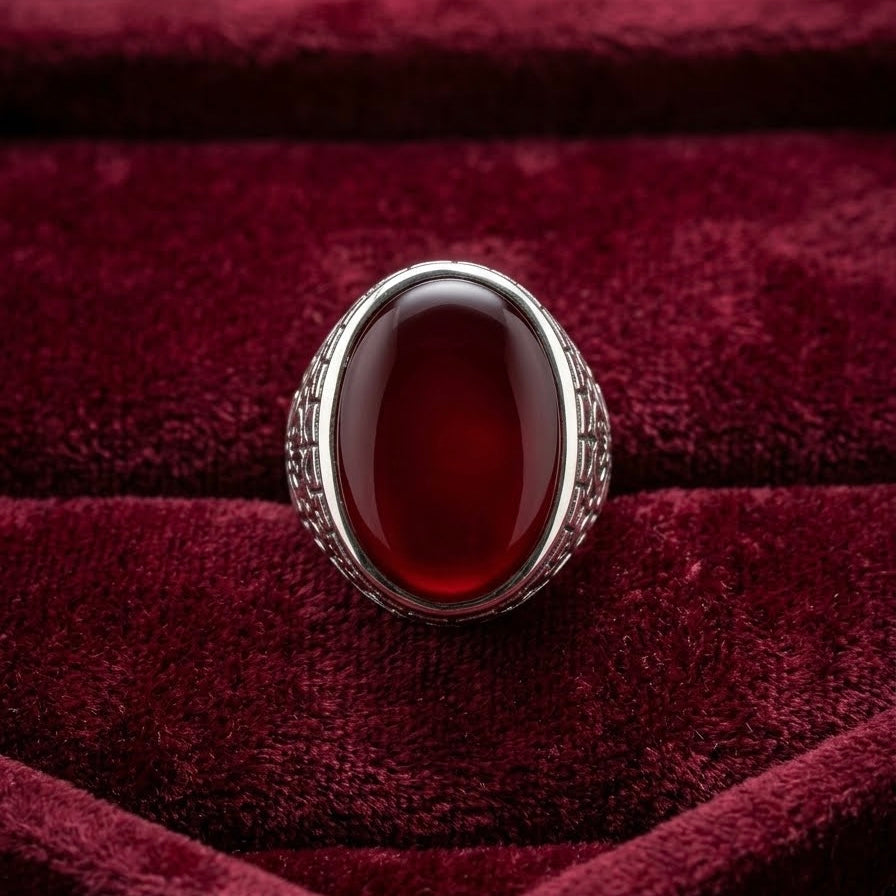 Hand Made Dark Red Agate Sterling Silver Ring – Natural Surkh Aqeeq Statement Signet