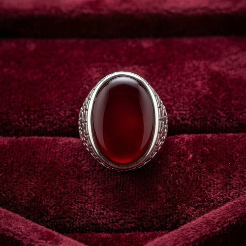 Hand Made Dark Red Agate Sterling Silver Ring – Natural Surkh Aqeeq Statement Signet
