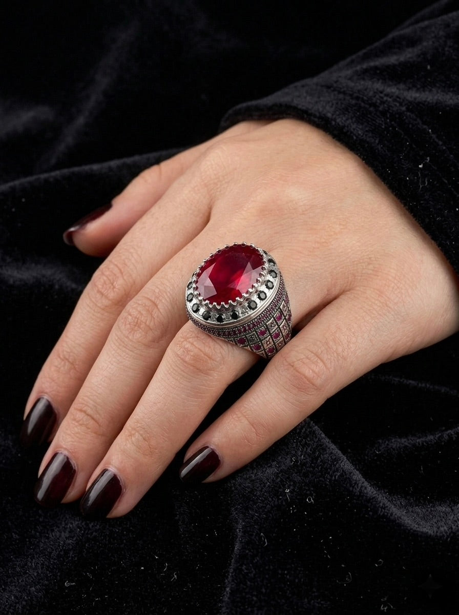 Red Ruby & Blue Sapphire Sterling Silver Ring (Yaqoot & Neelam)