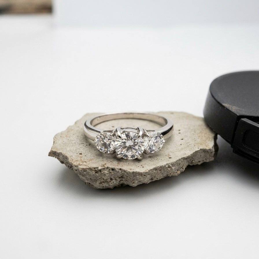 Three Stone Round Cut Moissanite Ring in 925 Sterling Silver