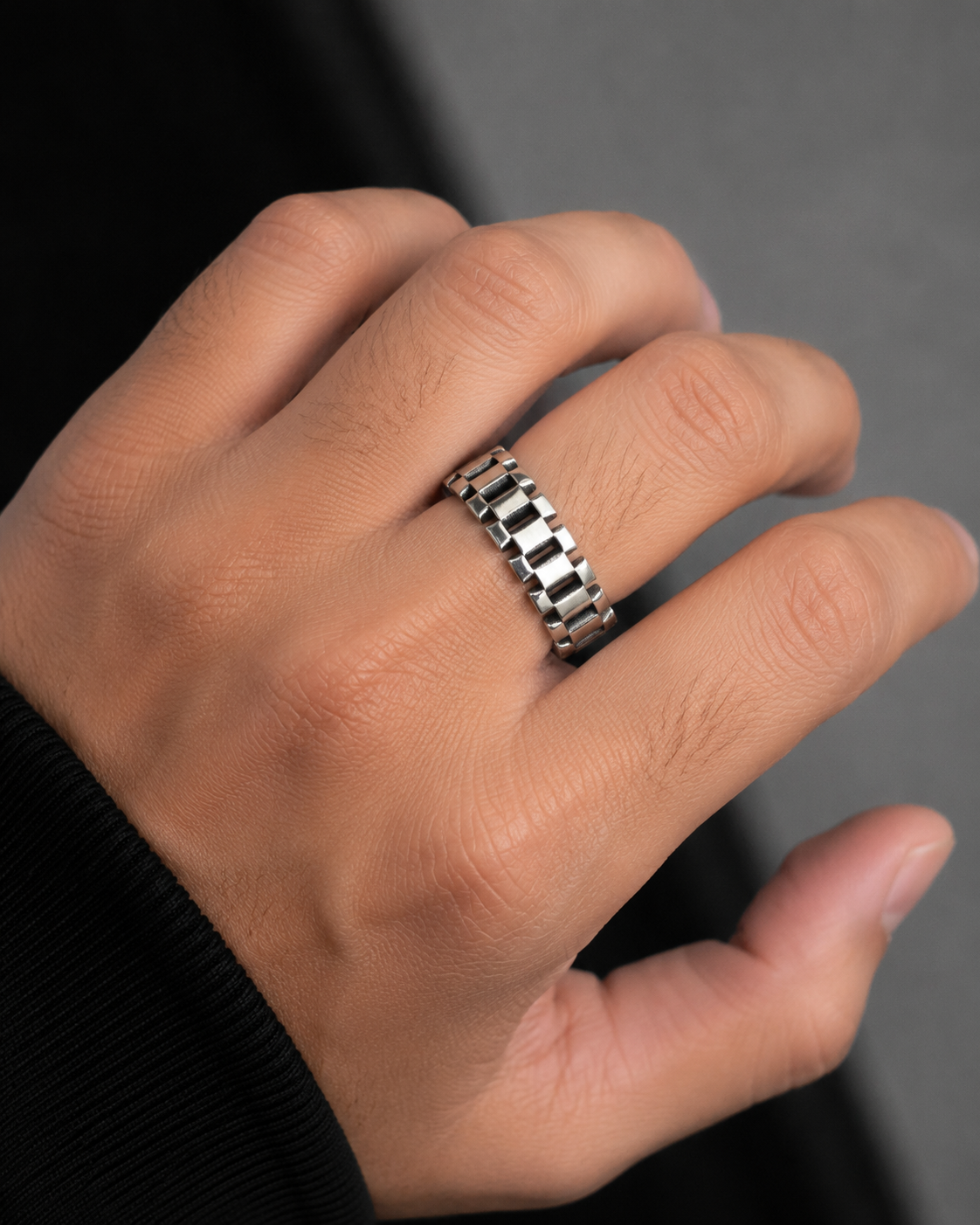 Men's Sterling Silver Watch Link Band Ring – Industrial Style Chain Design