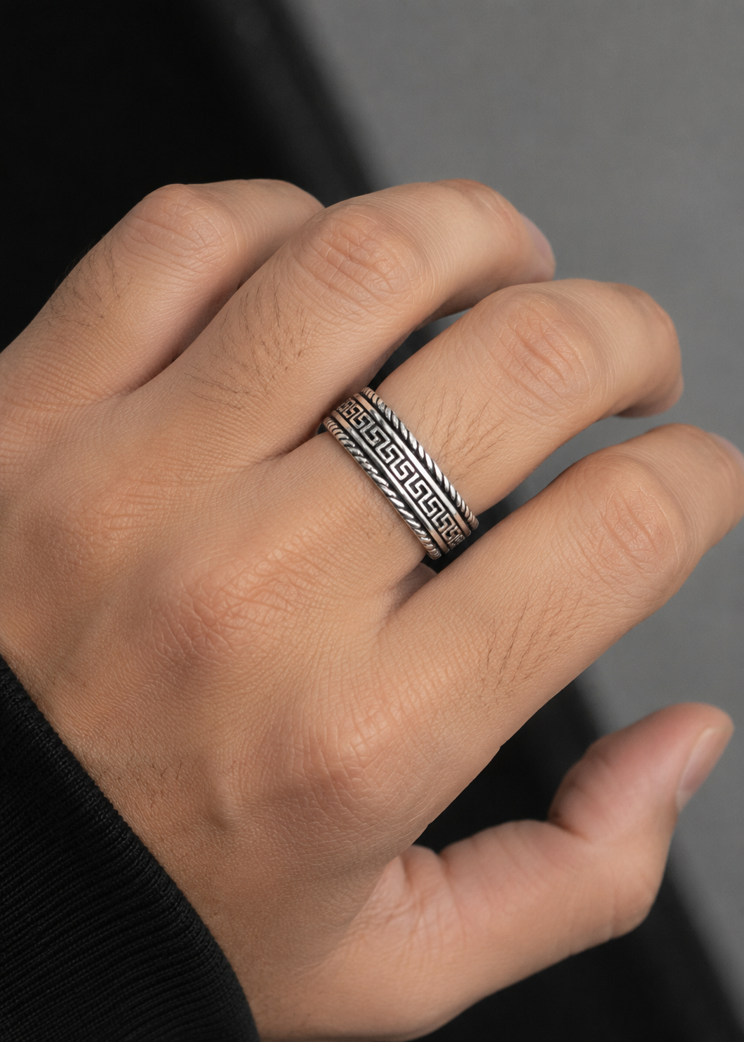 Greek Key Band Ring – Oxidized Meander Patterned Wedding Ring