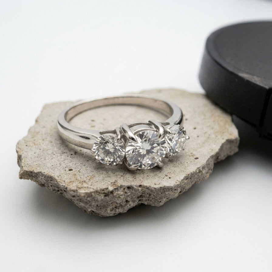 Three Stone Round Cut Moissanite Ring in 925 Sterling Silver