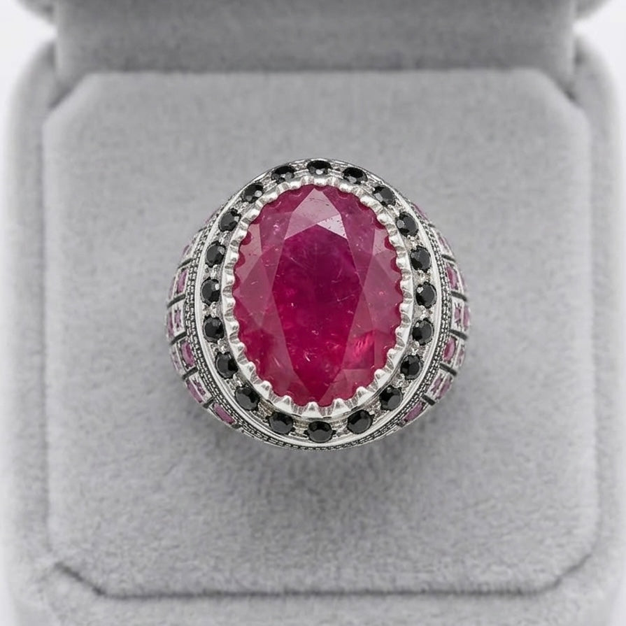 Red Ruby & Blue Sapphire Sterling Silver Ring (Yaqoot & Neelam)