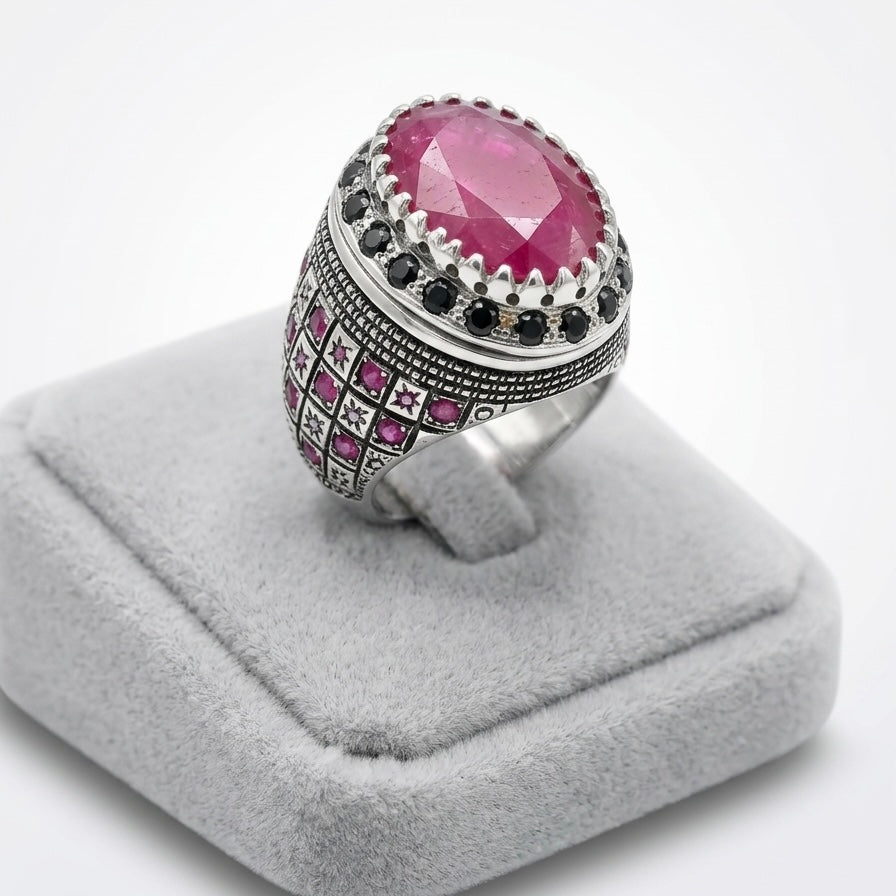 Red Ruby & Blue Sapphire Sterling Silver Ring (Yaqoot & Neelam)