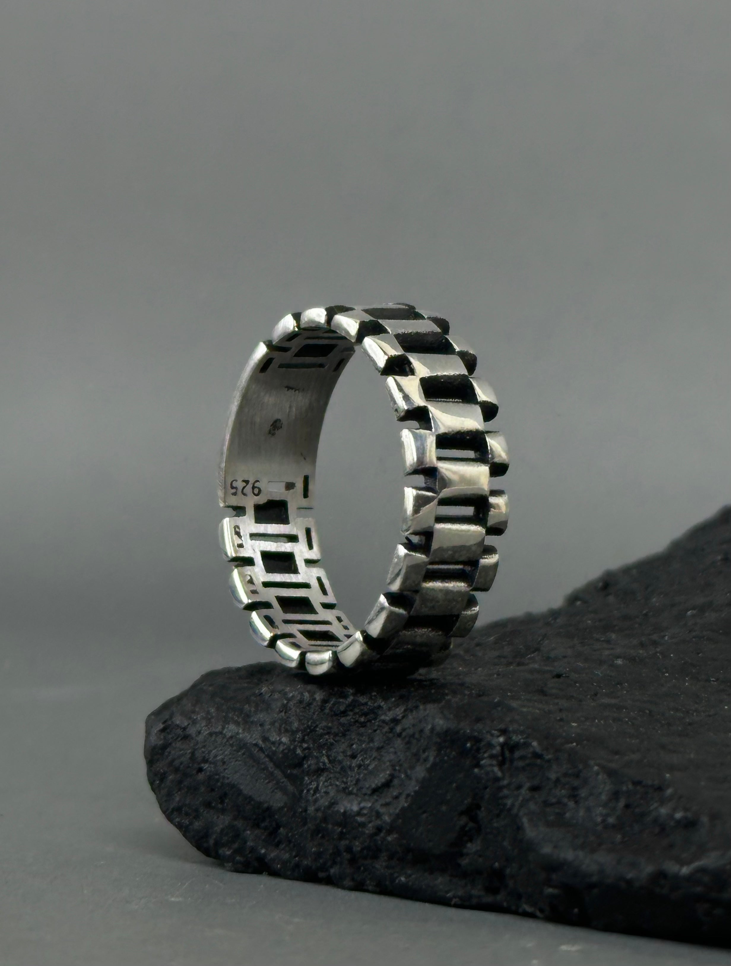 Men's Sterling Silver Watch Link Band Ring – Industrial Style Chain Design