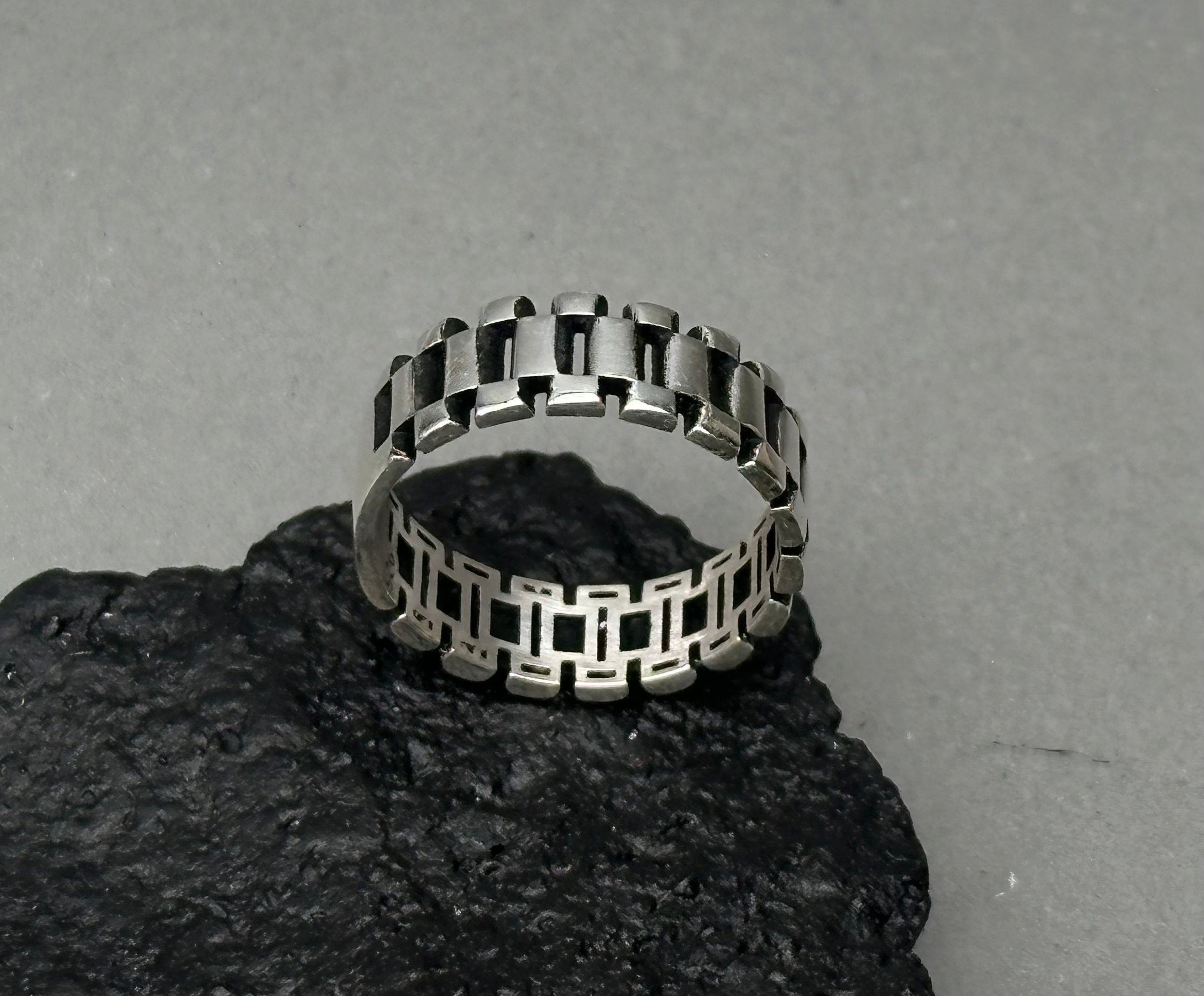Men's Sterling Silver Watch Link Band Ring – Industrial Style Chain Design