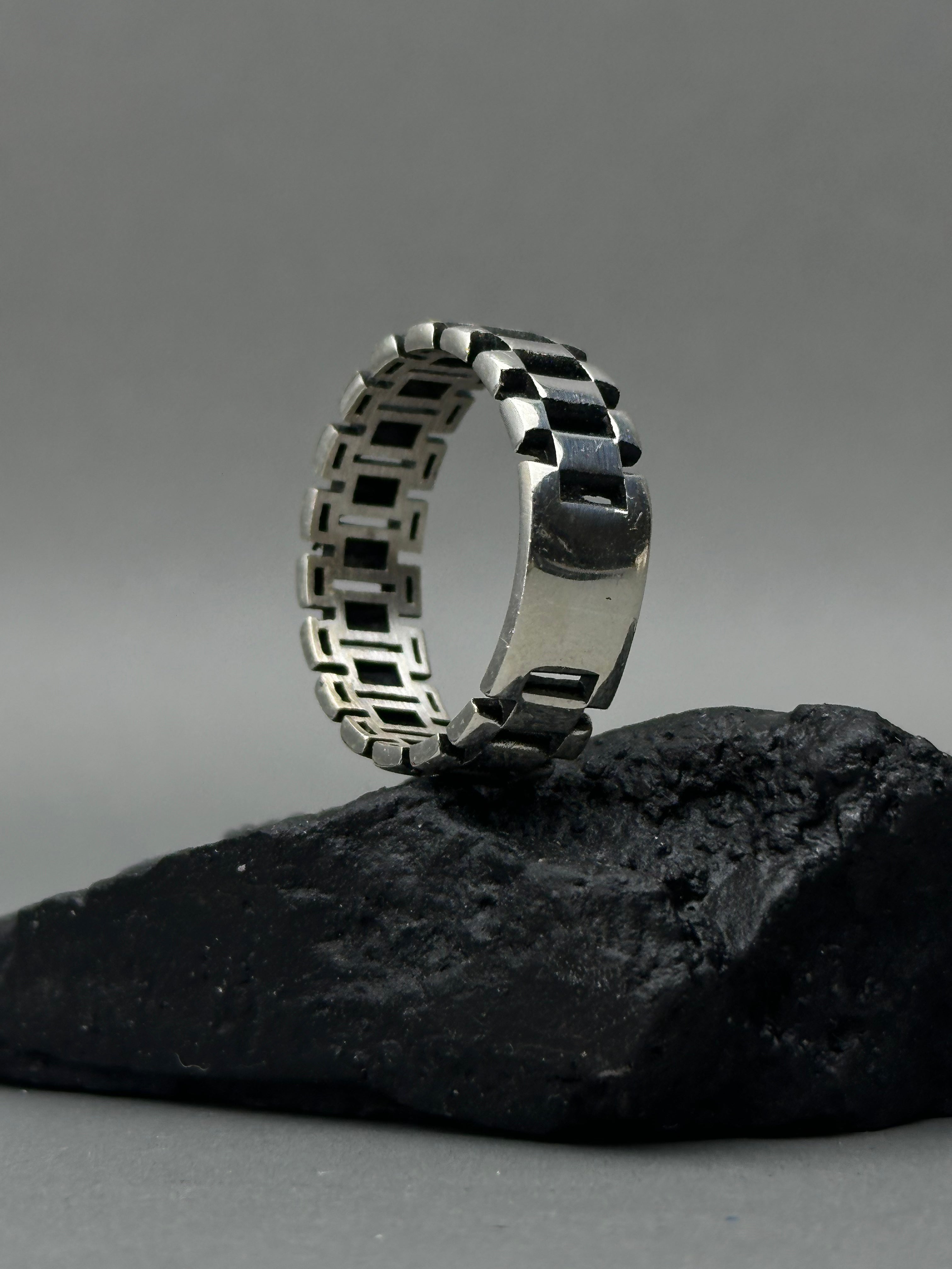 Men's Sterling Silver Watch Link Band Ring – Industrial Style Chain Design