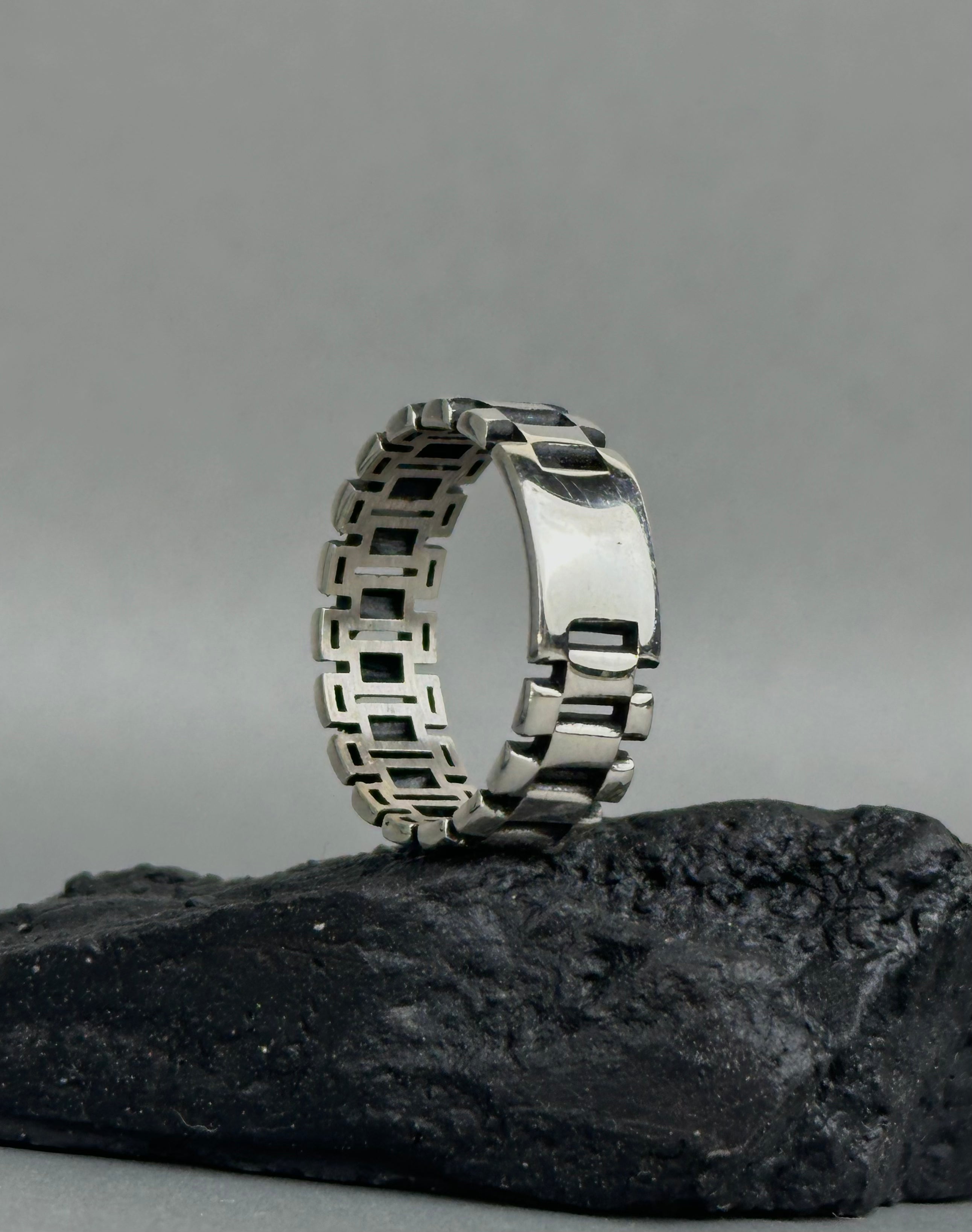 Men's Sterling Silver Watch Link Band Ring – Industrial Style Chain Design