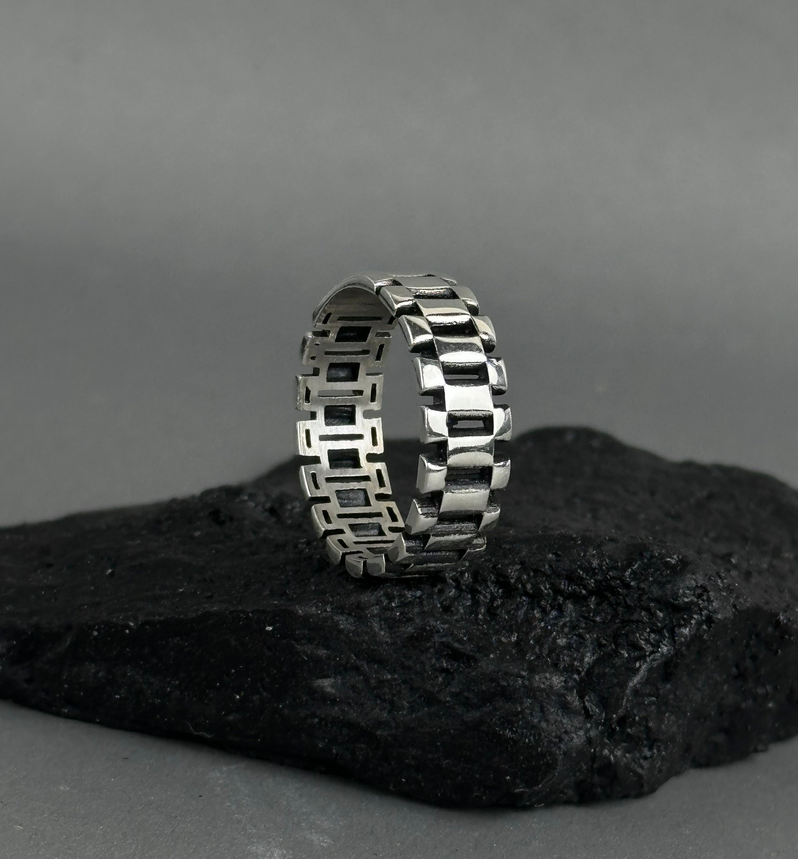 Men's Sterling Silver Watch Link Band Ring – Industrial Style Chain Design