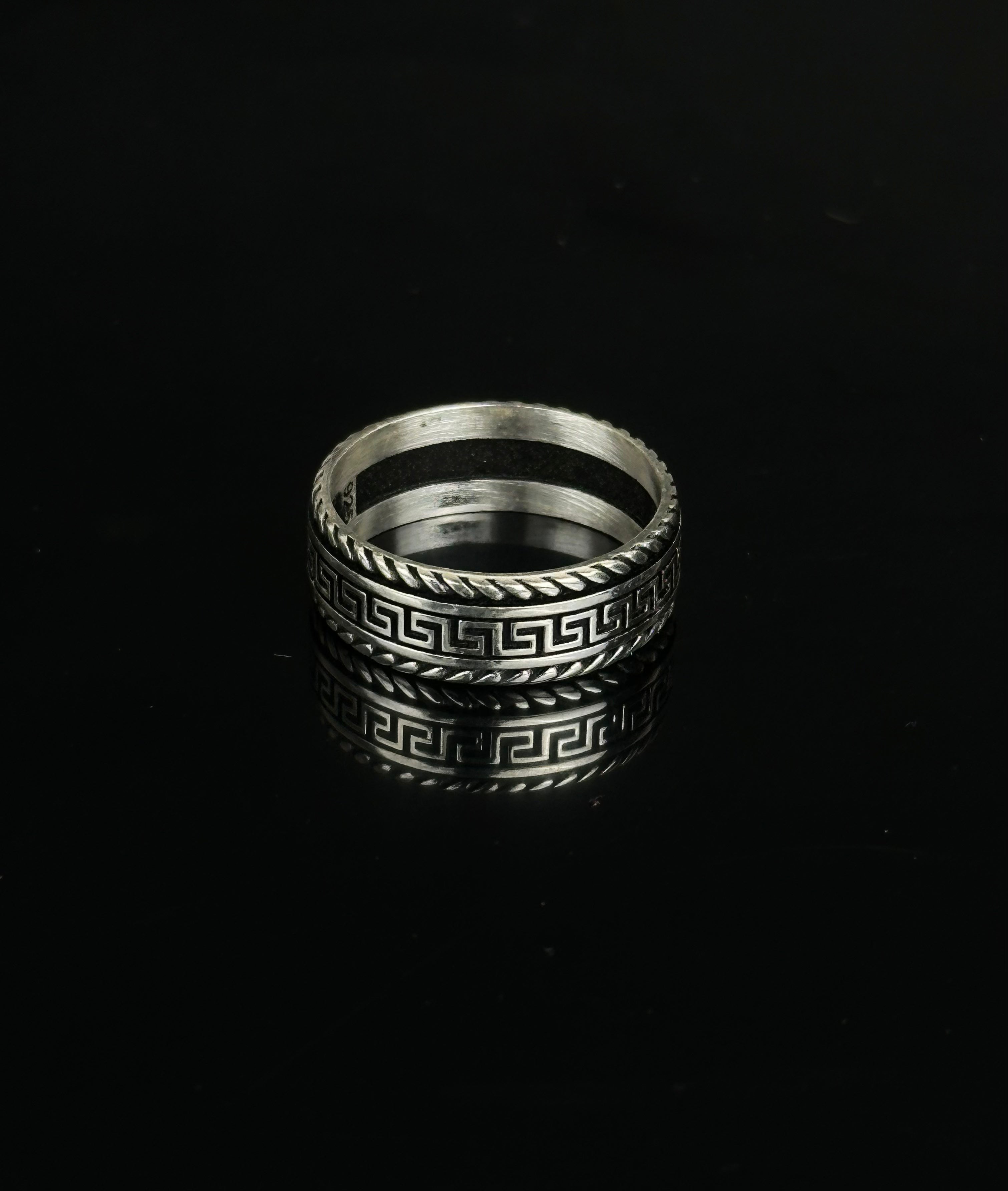 Greek Key Band Ring – Oxidized Meander Patterned Wedding Ring