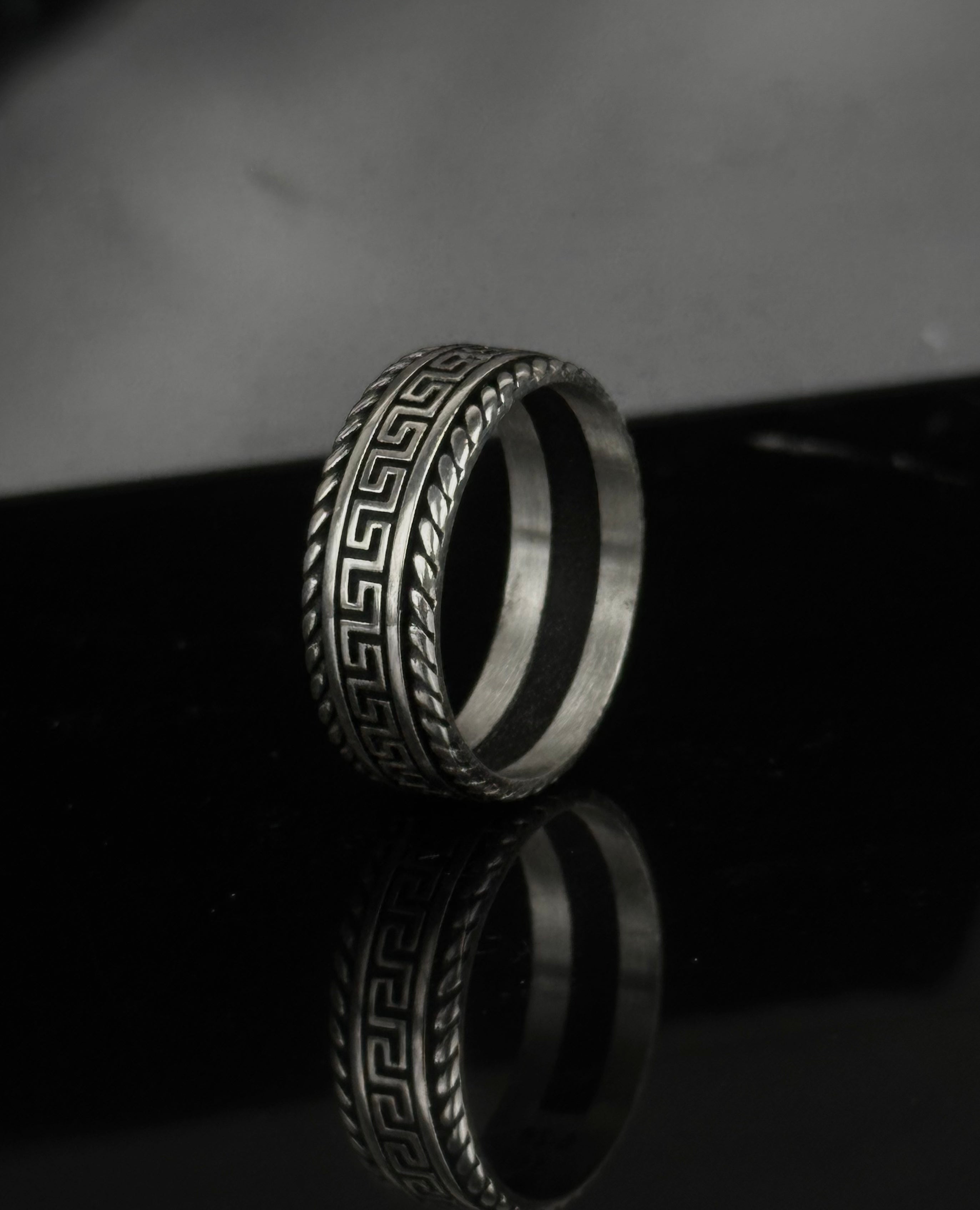 Greek Key Band Ring – Oxidized Meander Patterned Wedding Ring