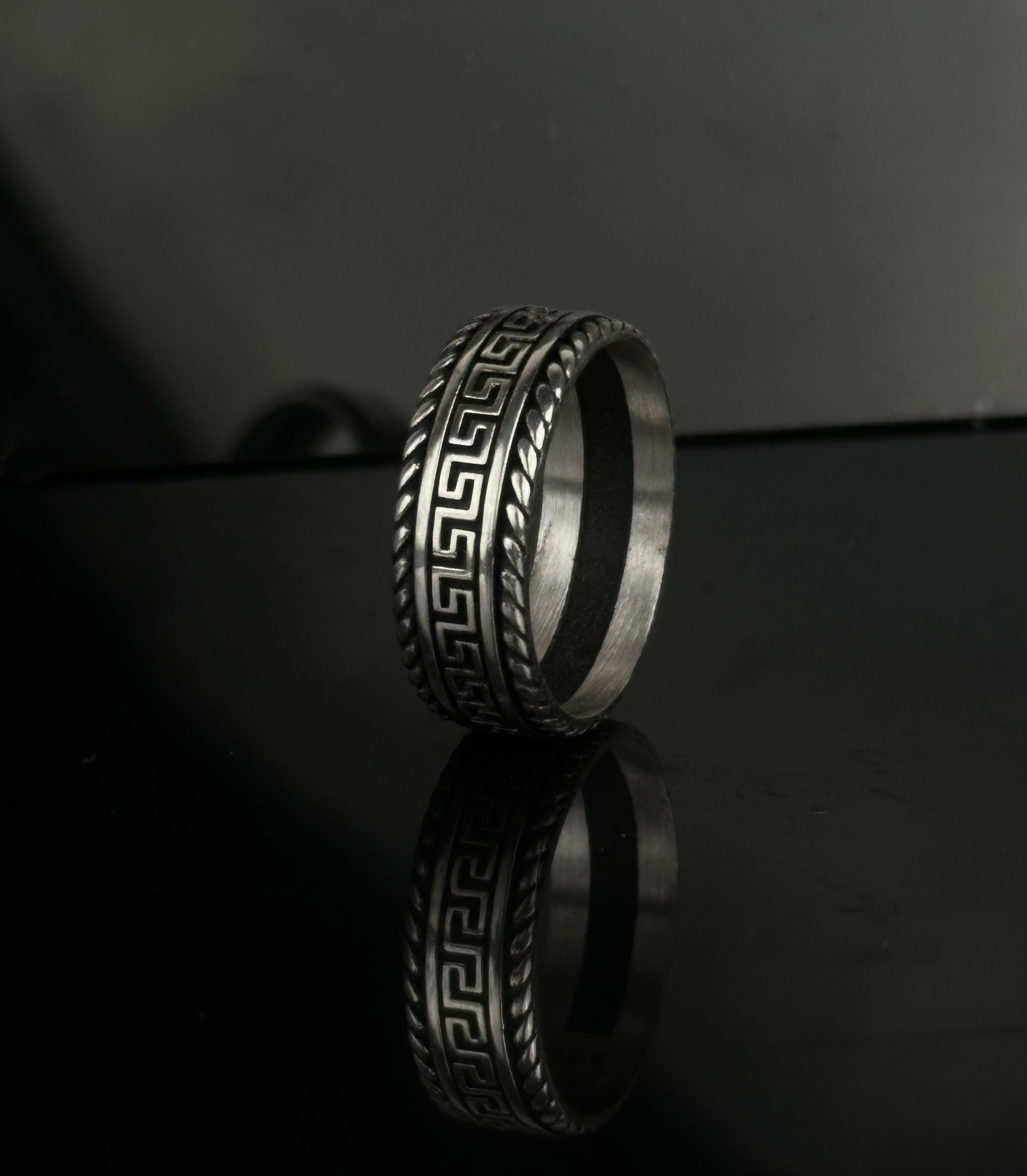 Greek Key Band Ring – Oxidized Meander Patterned Wedding Ring