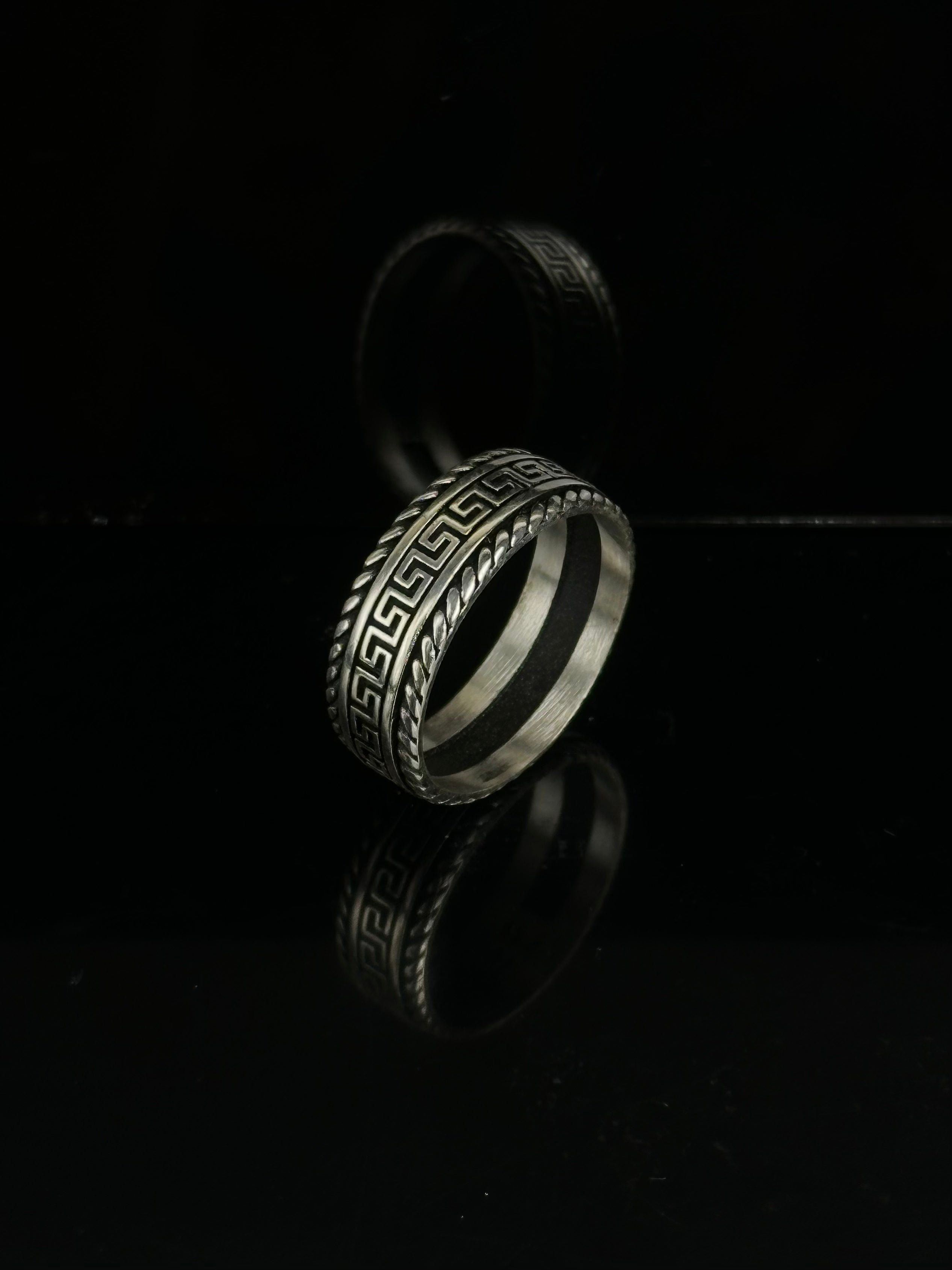 Greek Key Band Ring – Oxidized Meander Patterned Wedding Ring