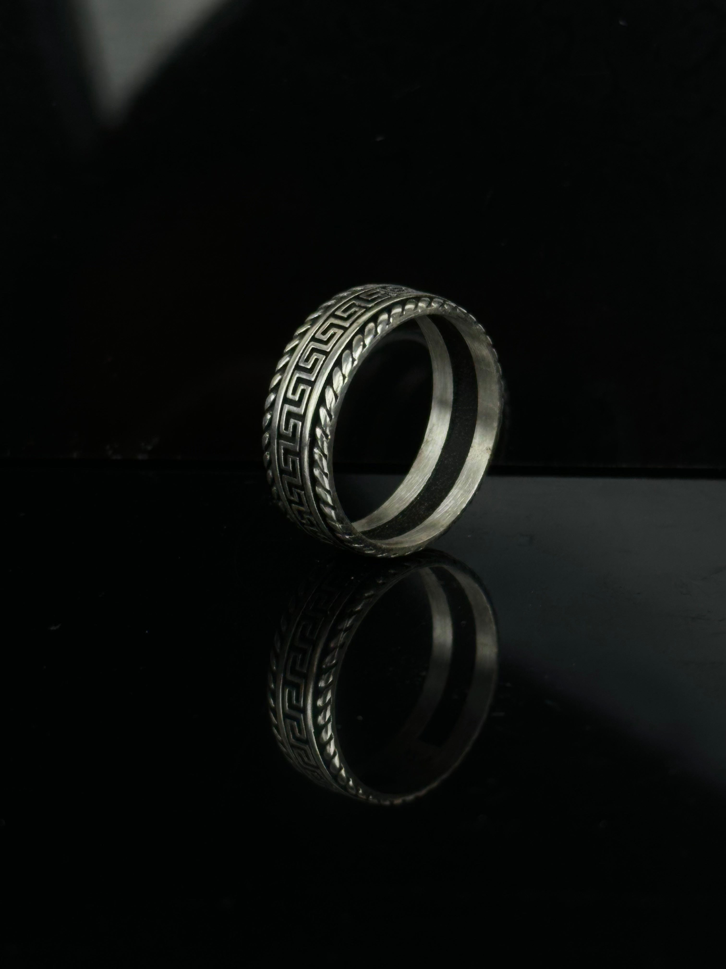 Greek Key Band Ring – Oxidized Meander Patterned Wedding Ring