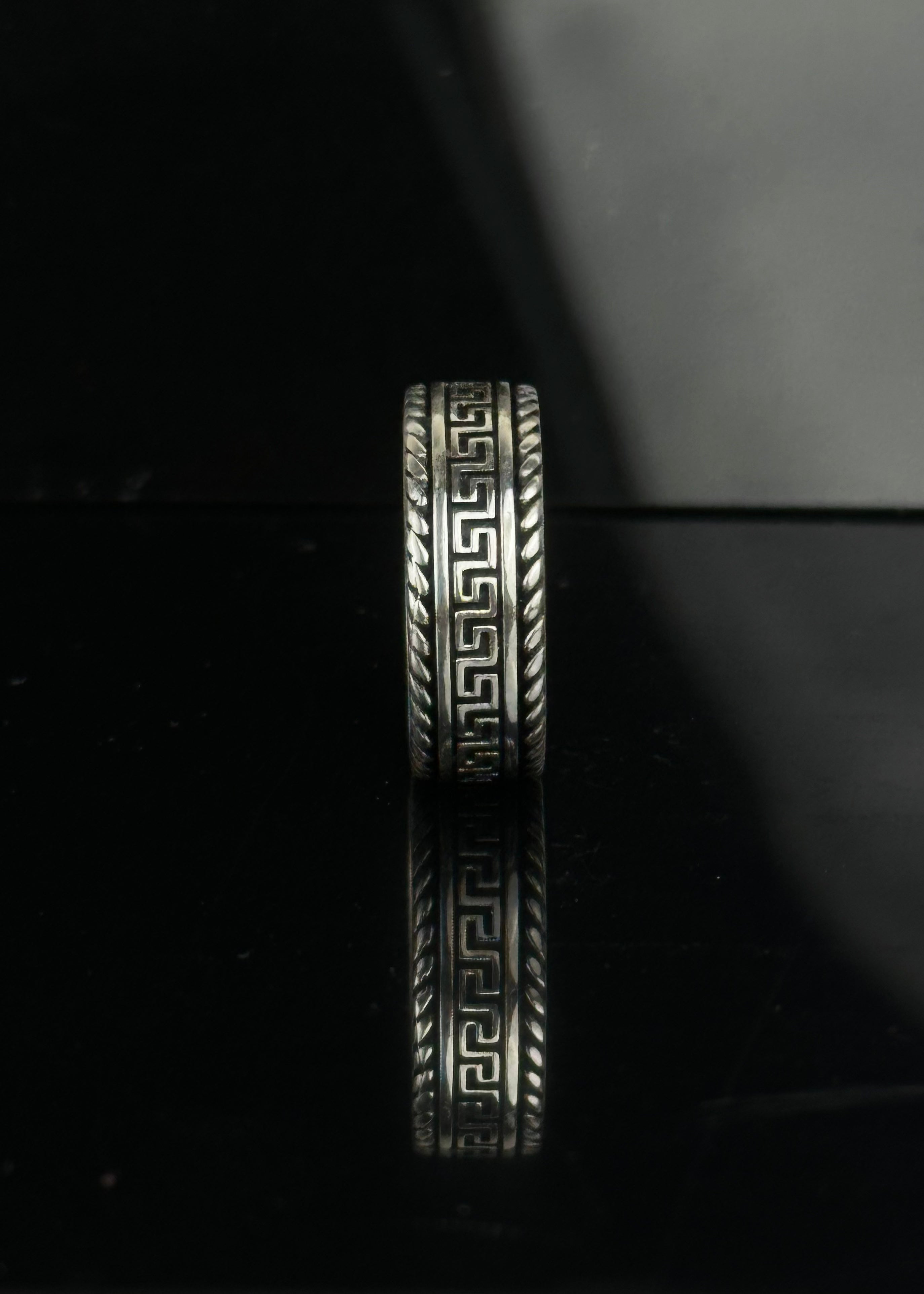 Greek Key Band Ring – Oxidized Meander Patterned Wedding Ring