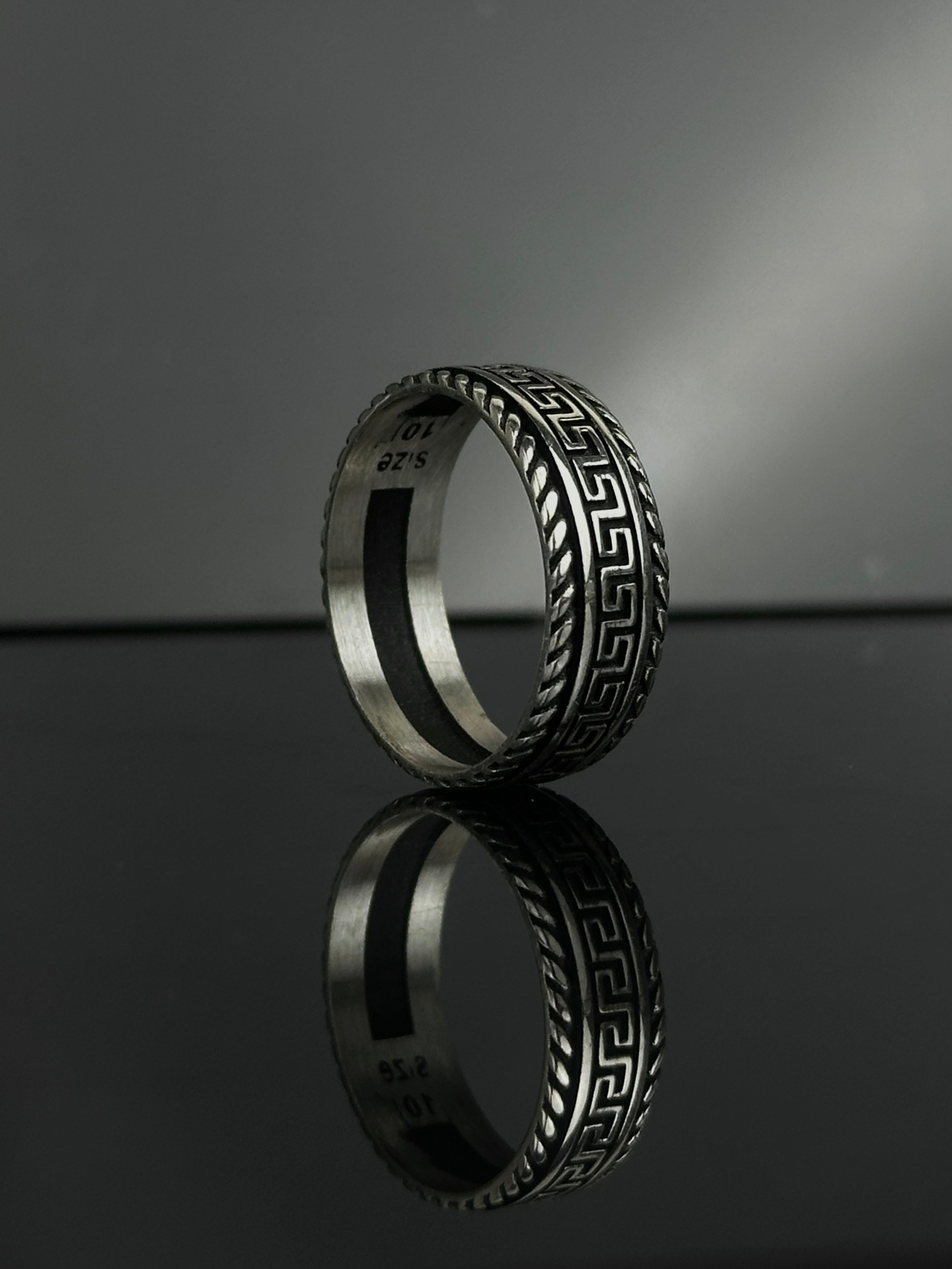 Greek Key Band Ring – Oxidized Meander Patterned Wedding Ring
