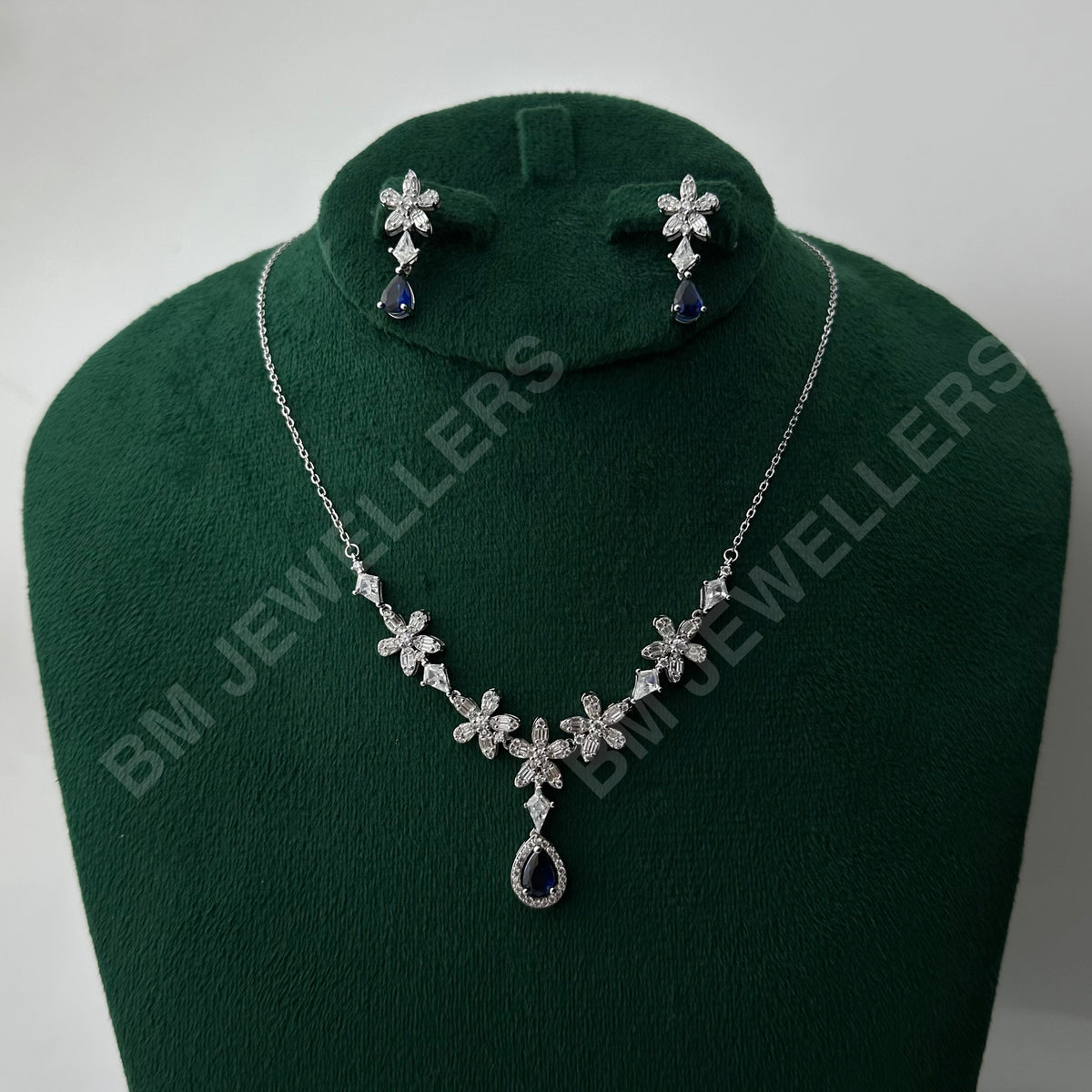 "The Sapphire Jasmine Pear Halo Suite" Blue Sapphire 4-Piece Jewelry Set in 925 Silver by BM Jewellers