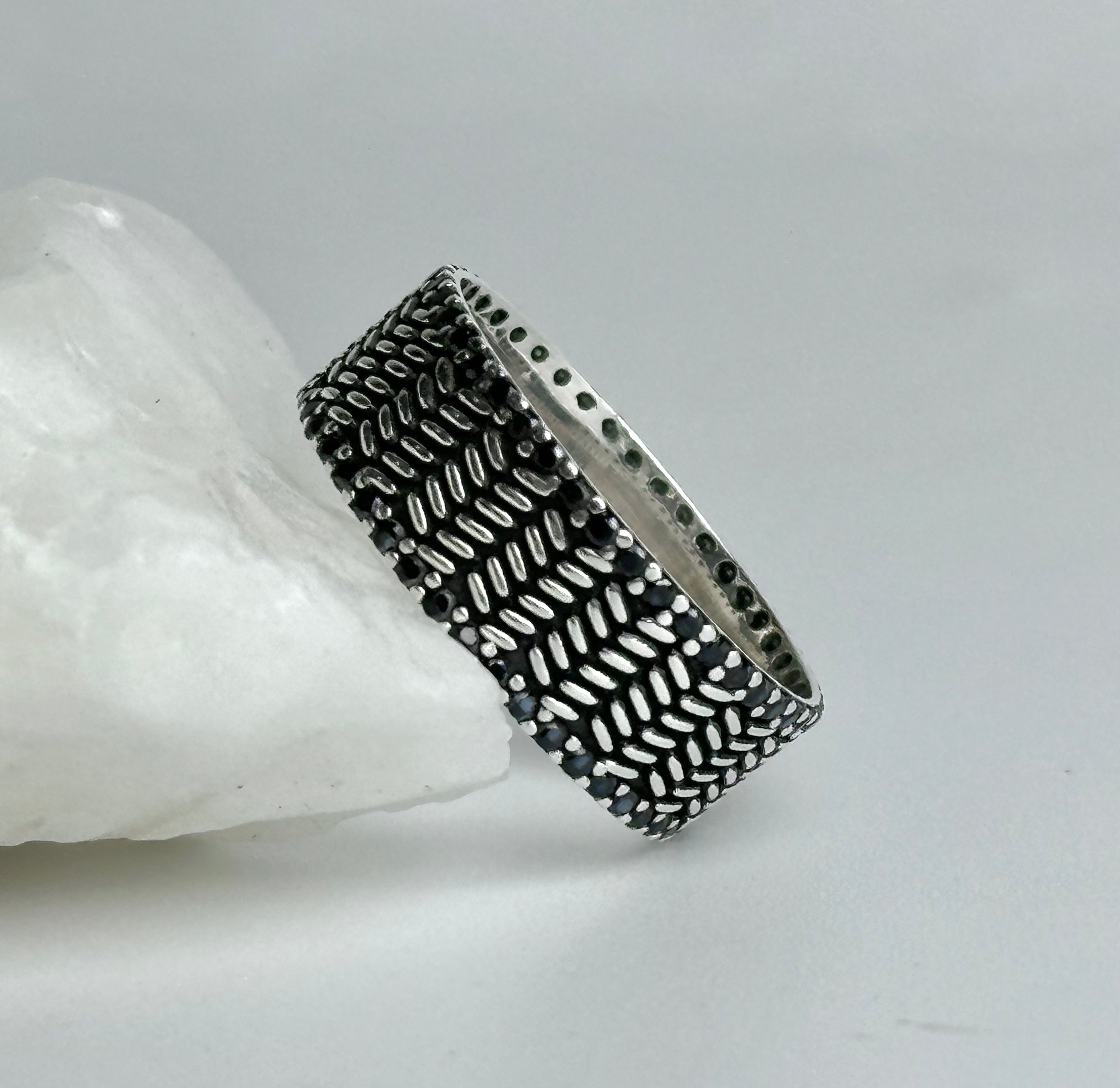 Handmade Textured Chevron Ring in 925 Sterling Silver – Oxidized Wide Band
