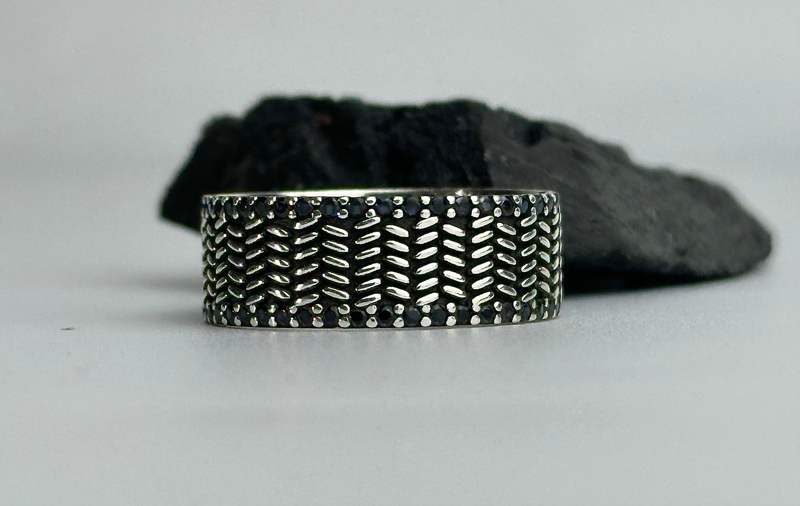 Handmade Textured Chevron Ring in 925 Sterling Silver – Oxidized Wide Band