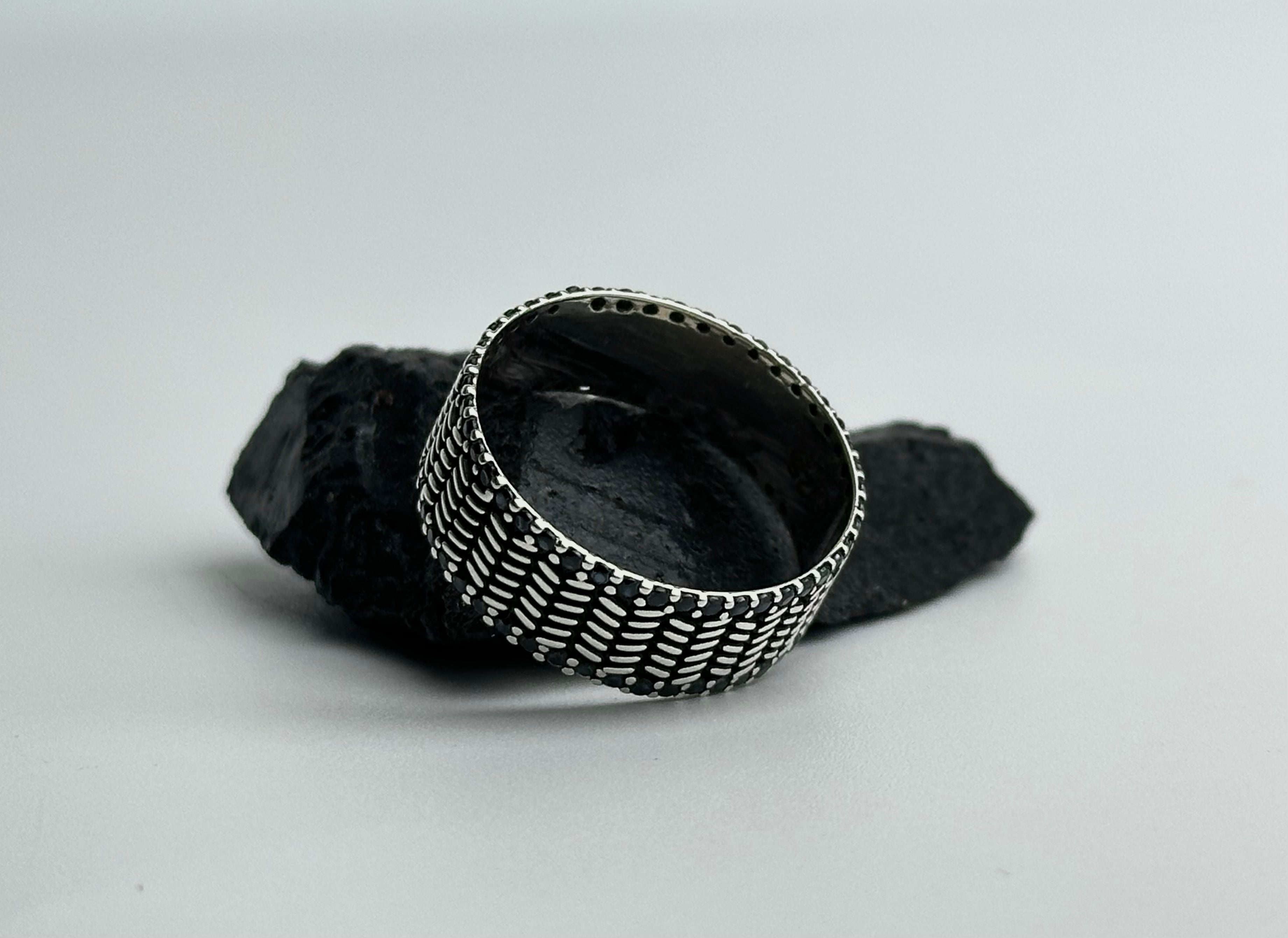Handmade Textured Chevron Ring in 925 Sterling Silver – Oxidized Wide Band