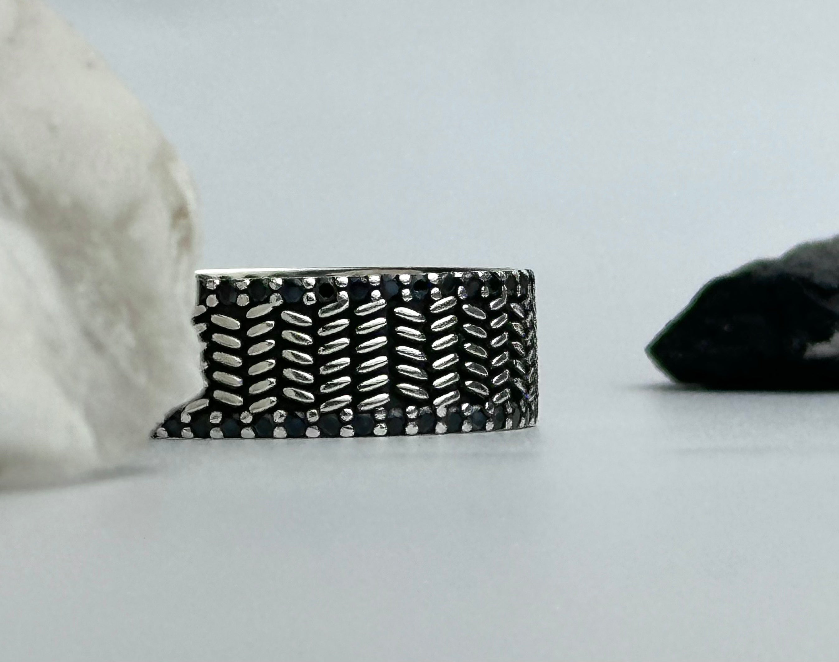 Handmade Textured Chevron Ring in 925 Sterling Silver – Oxidized Wide Band