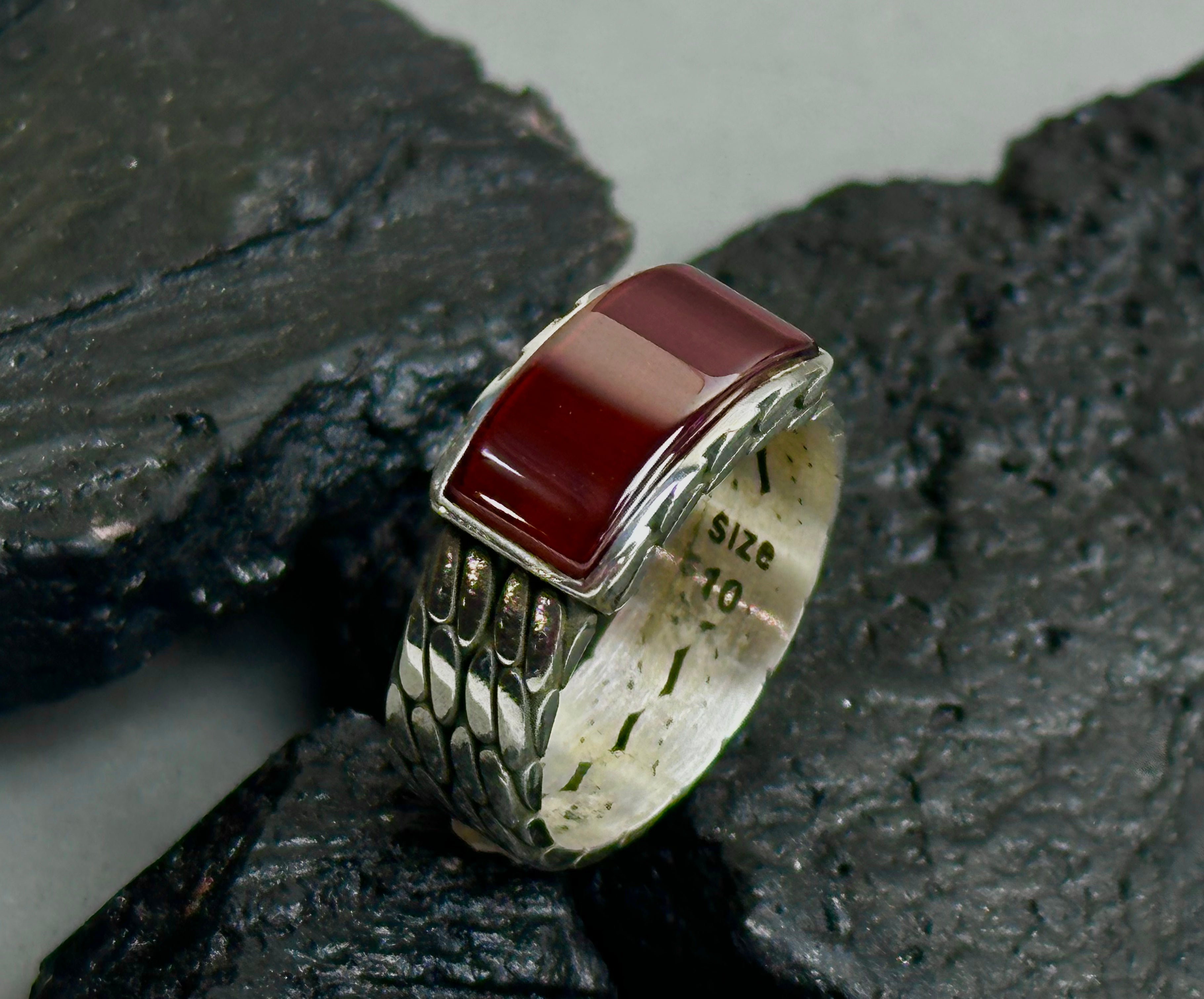 Men's Rectangle Red Agate Sterling Silver Ring - Minimalist Band
