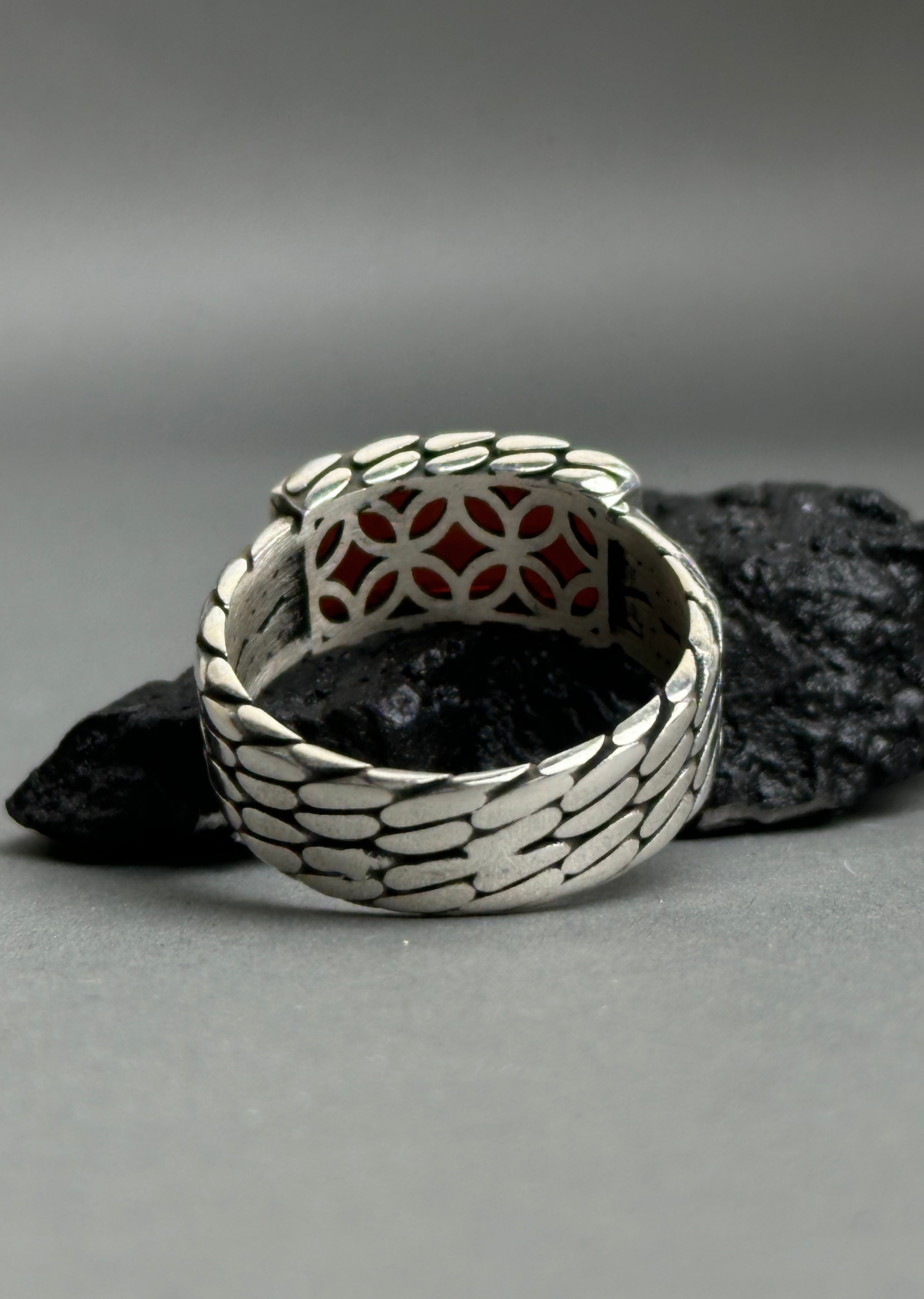 Men's Rectangle Red Agate Sterling Silver Ring - Minimalist Band