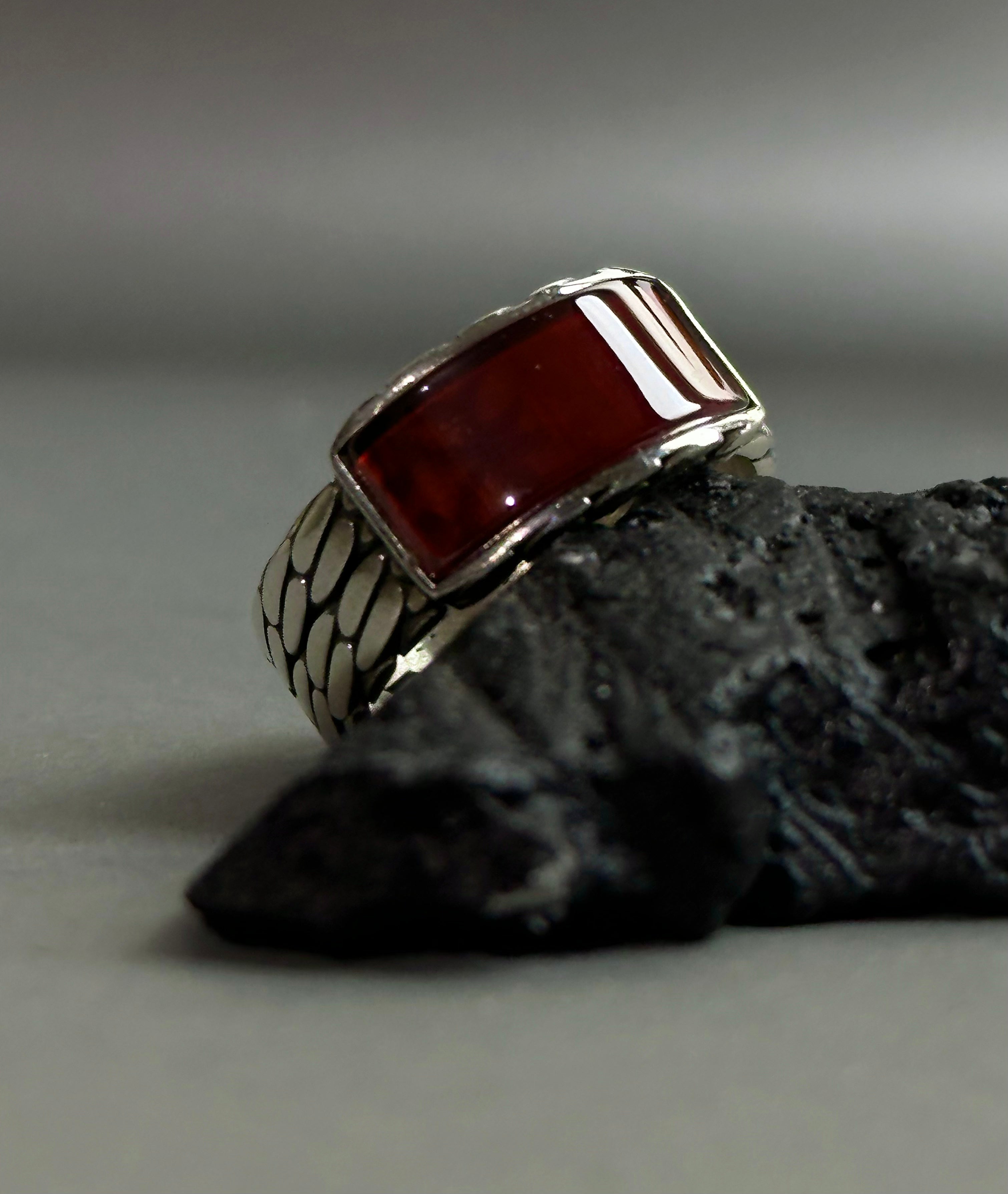 Men's Rectangle Red Agate Sterling Silver Ring - Minimalist Band