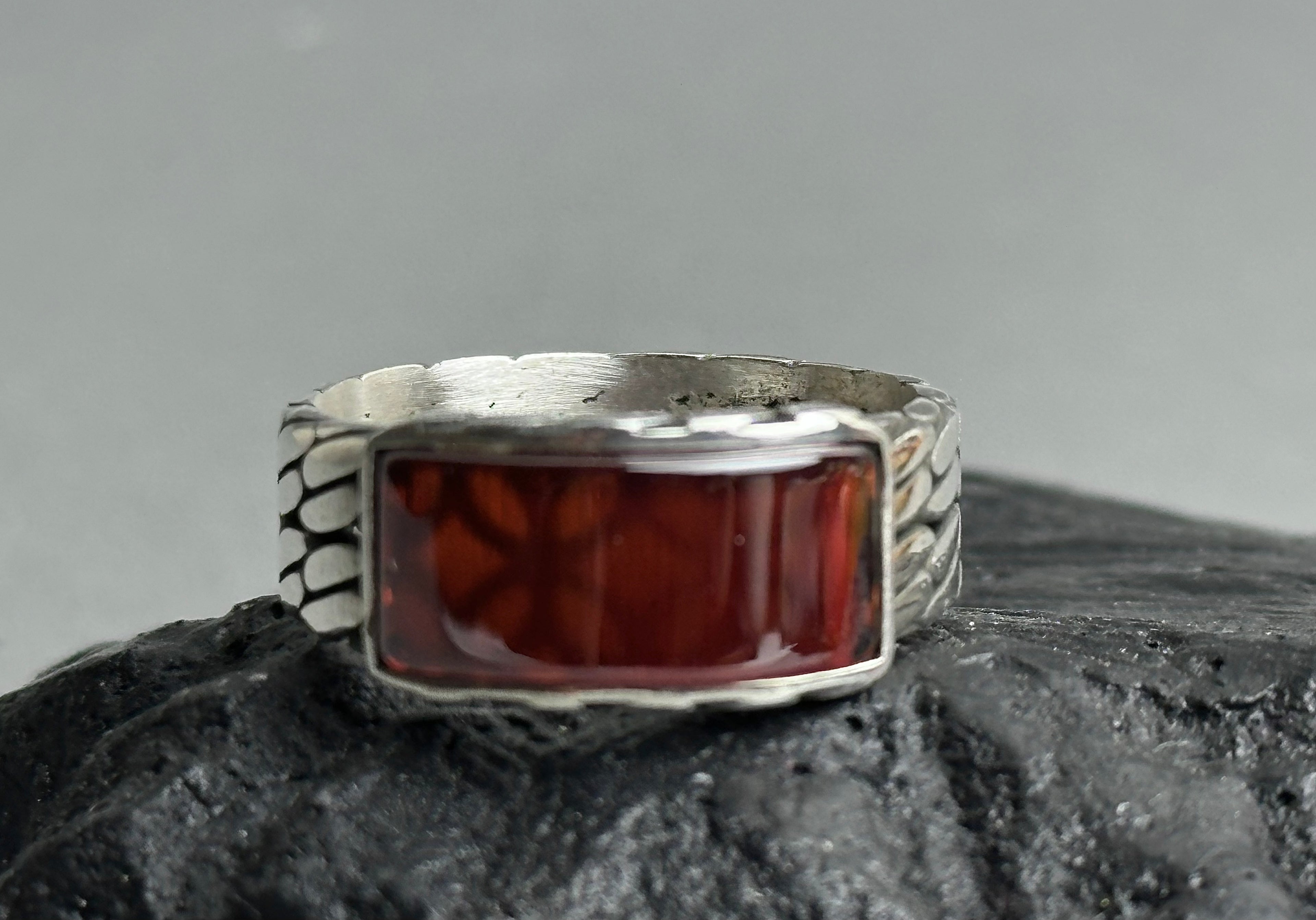 Men's Rectangle Red Agate Sterling Silver Ring - Minimalist Band