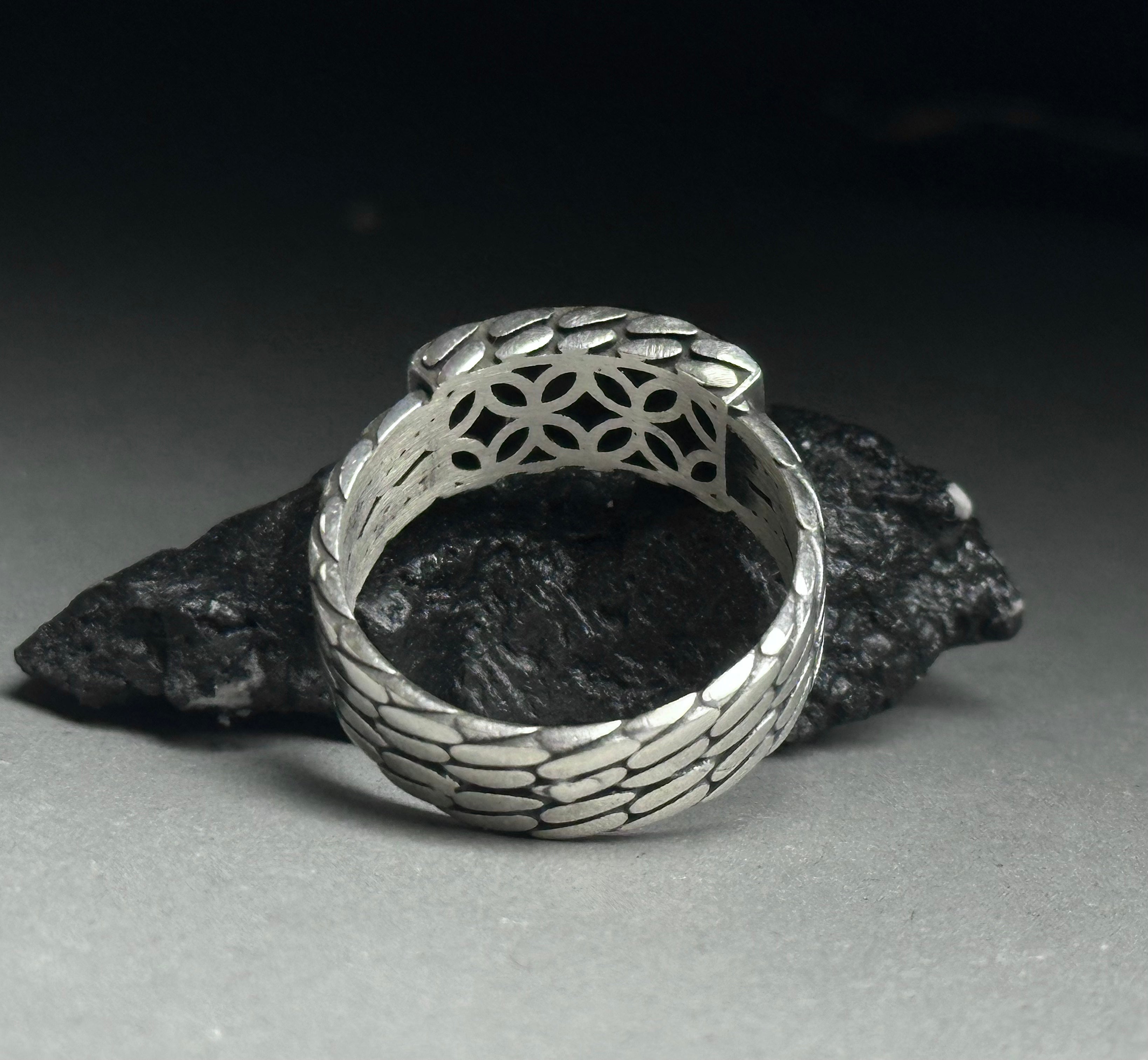 Men's Rectangle Black Agate Sterling Silver Ring - Minimalist Band