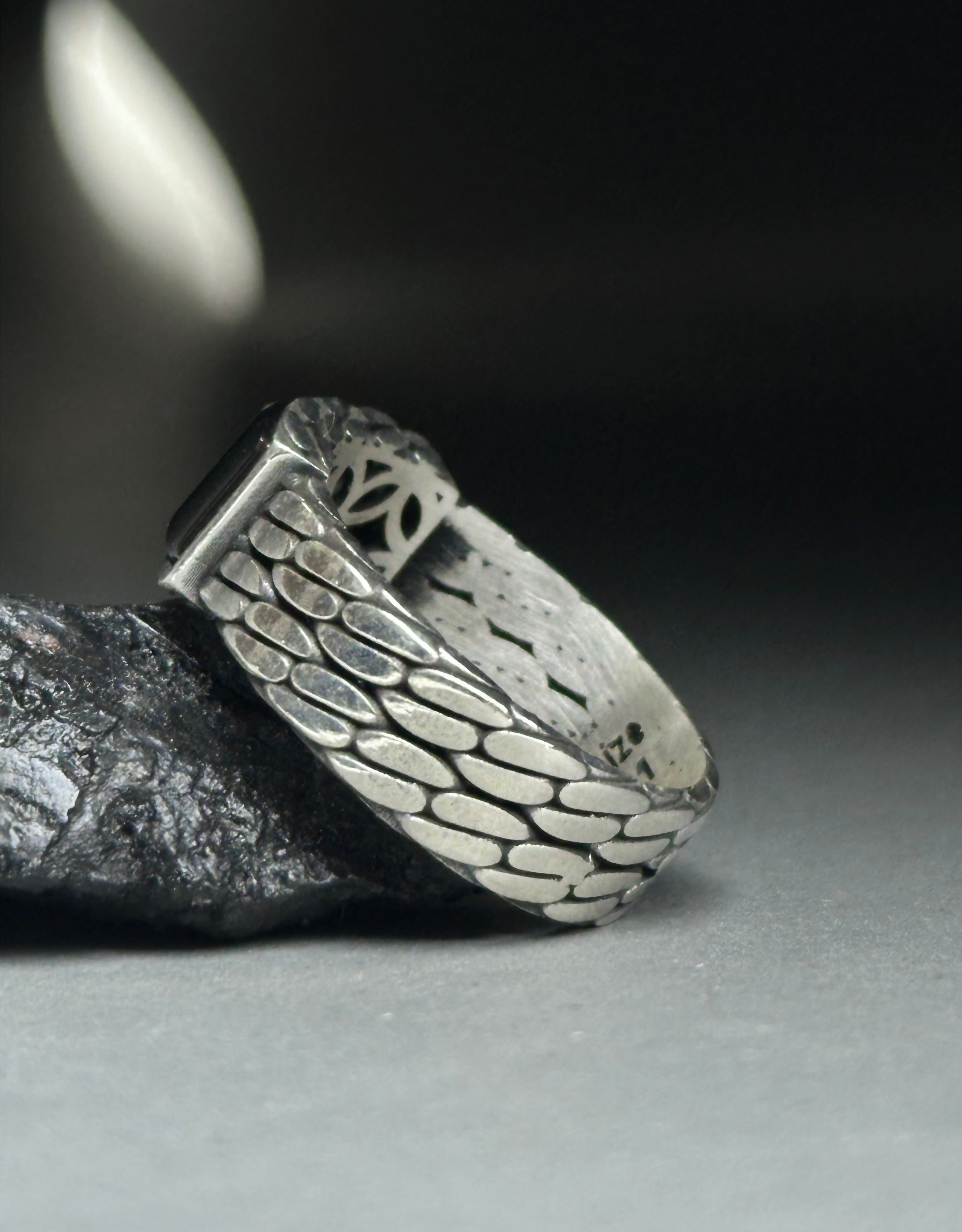 Men's Rectangle Black Agate Sterling Silver Ring - Minimalist Band