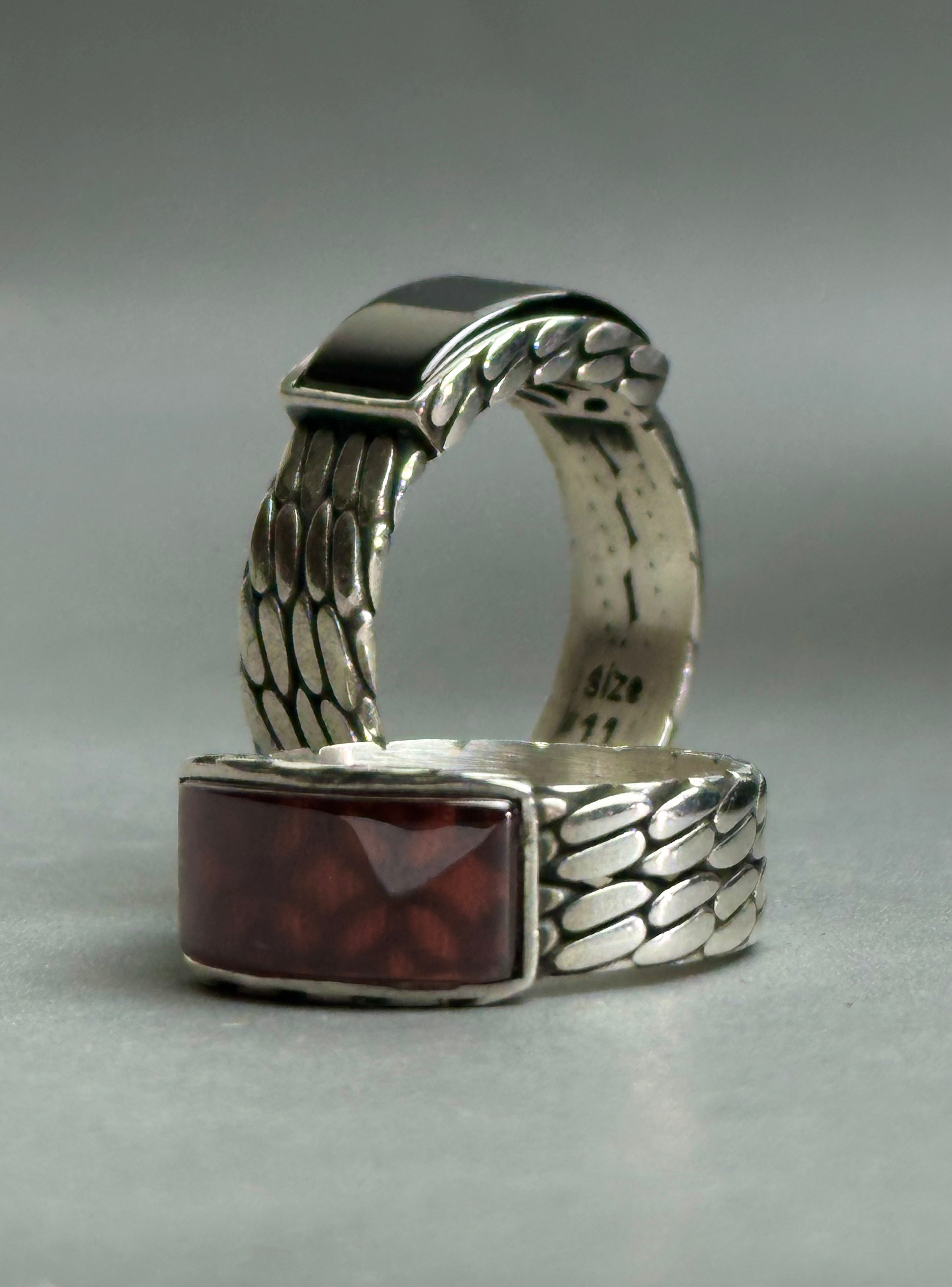 Men's Rectangle Red Agate Sterling Silver Ring - Minimalist Band