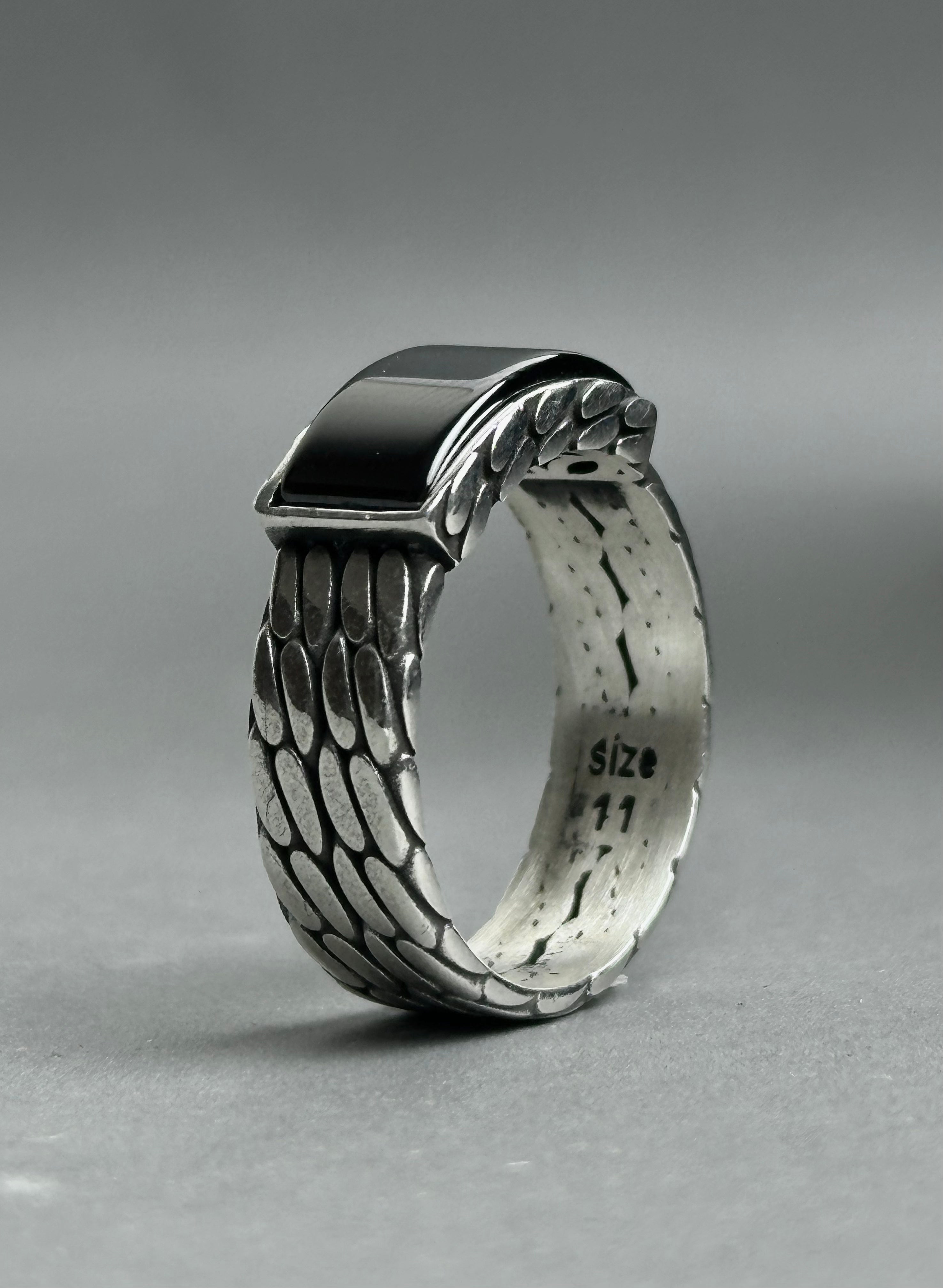 Men's Rectangle Black Agate Sterling Silver Ring - Minimalist Band