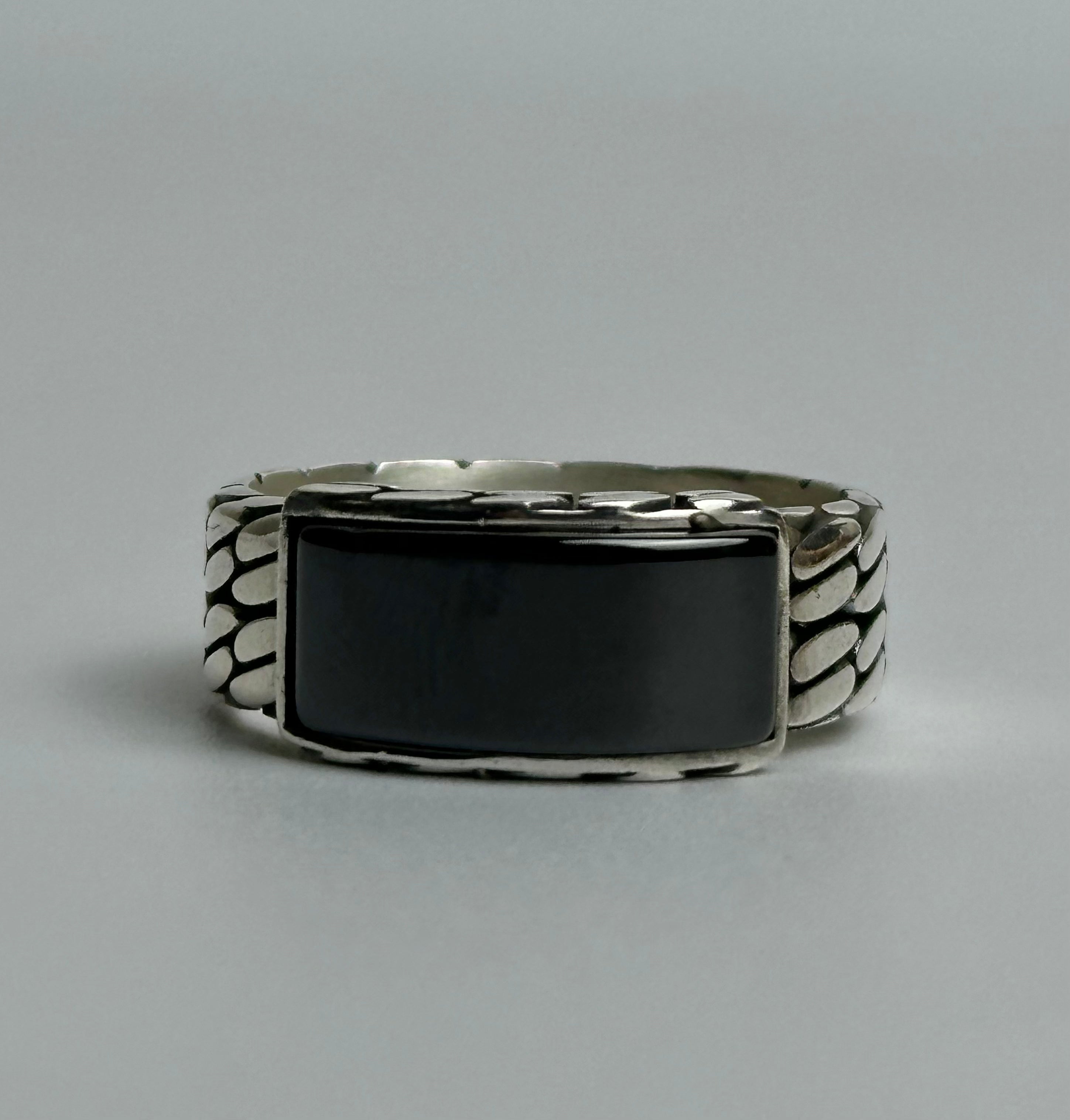 Men's Rectangle Black Agate Sterling Silver Ring - Minimalist Band