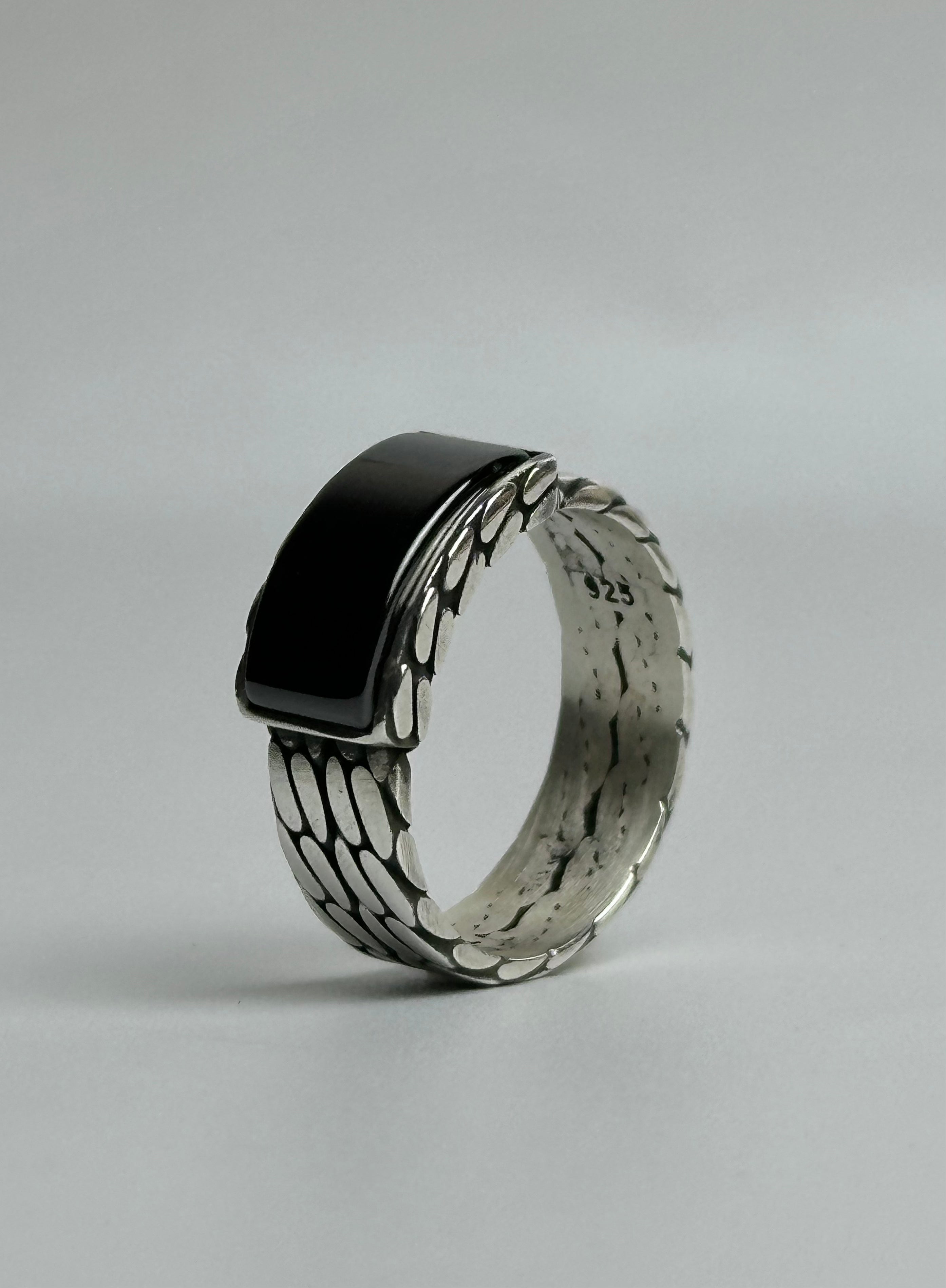 Men's Rectangle Black Agate Sterling Silver Ring - Minimalist Band