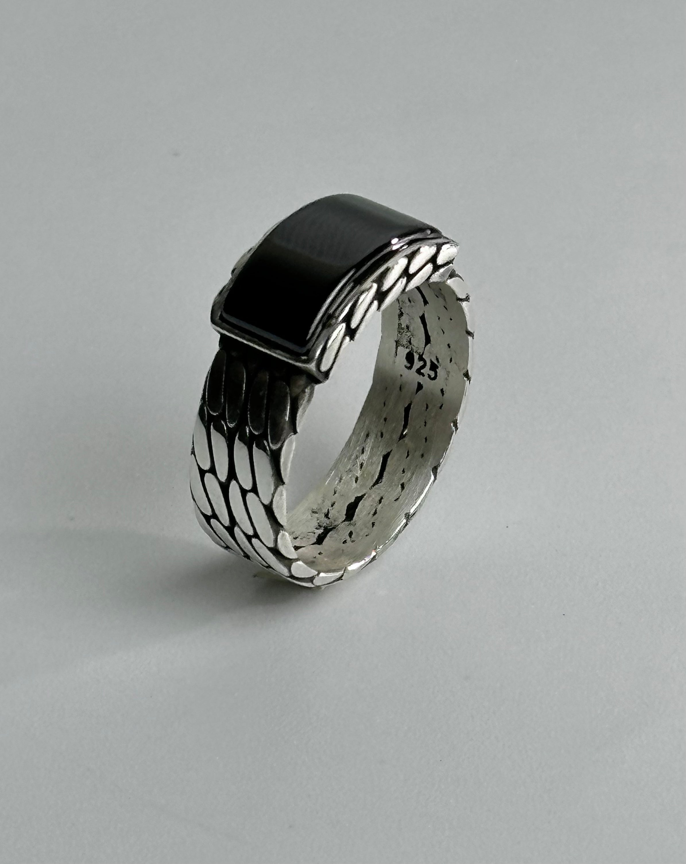Men's Rectangle Black Agate Sterling Silver Ring - Minimalist Band