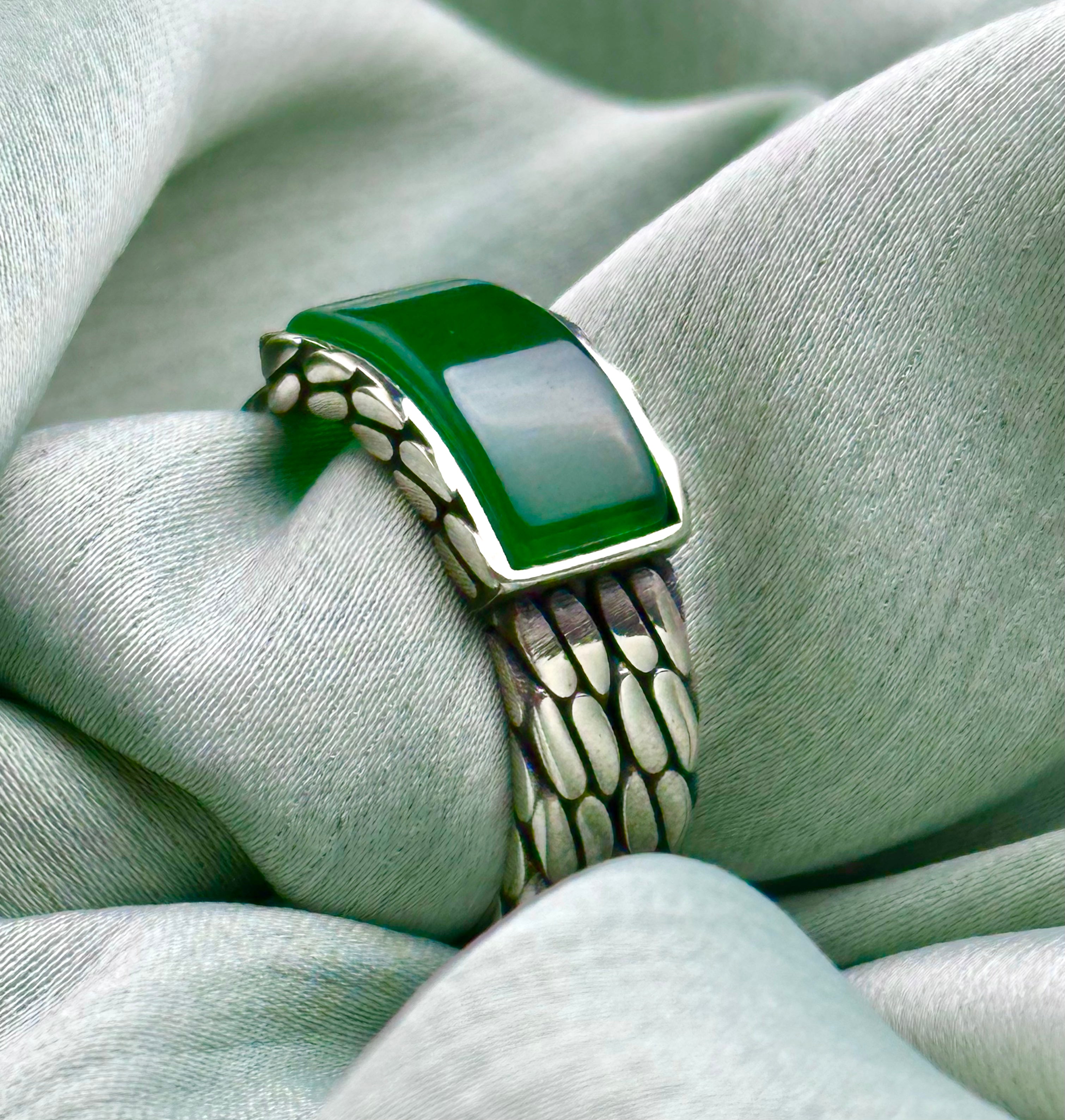 Men's Rectangle Green Agate Sterling Silver Ring - Minimalist Band