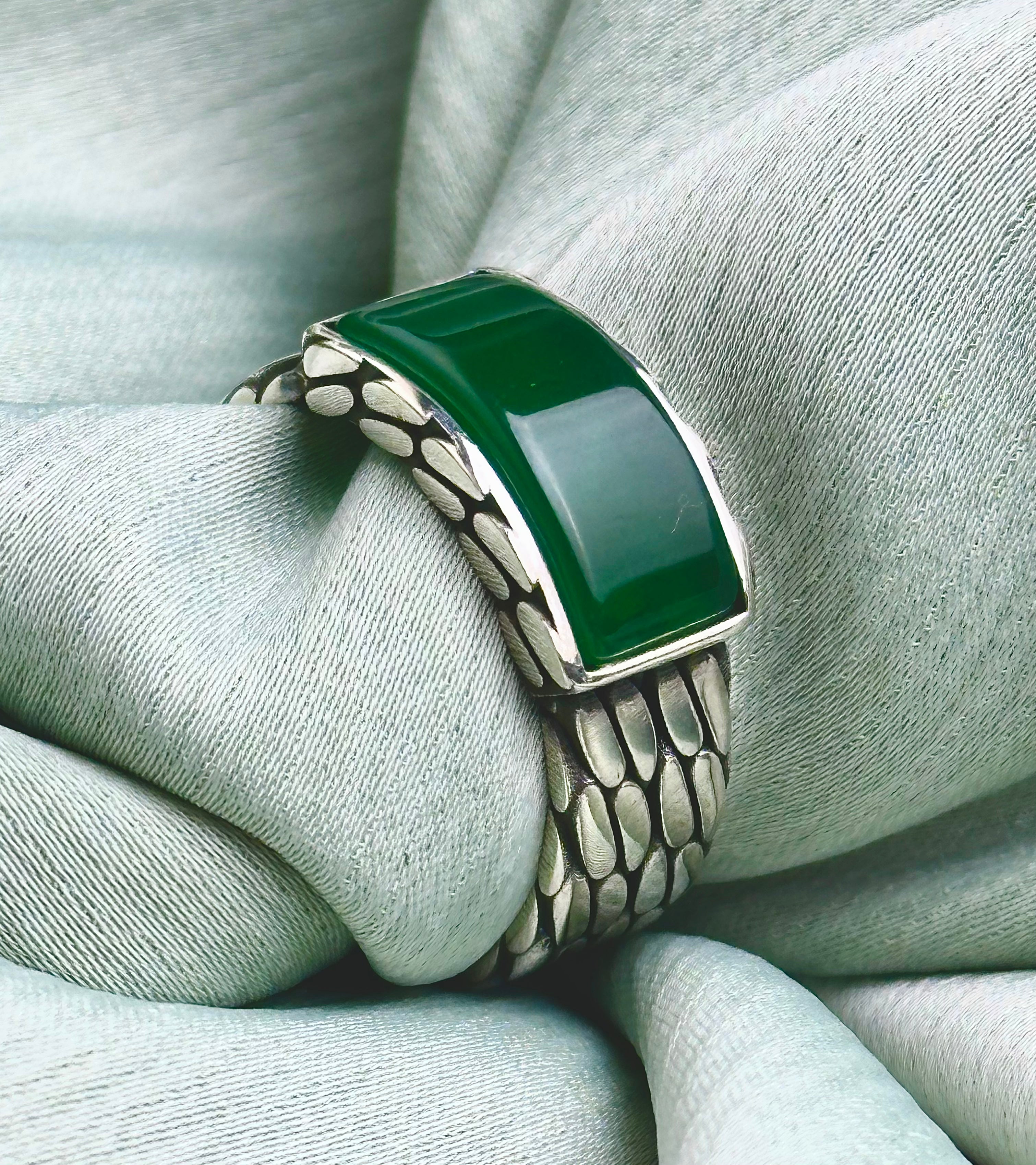 Men's Rectangle Green Agate Sterling Silver Ring - Minimalist Band