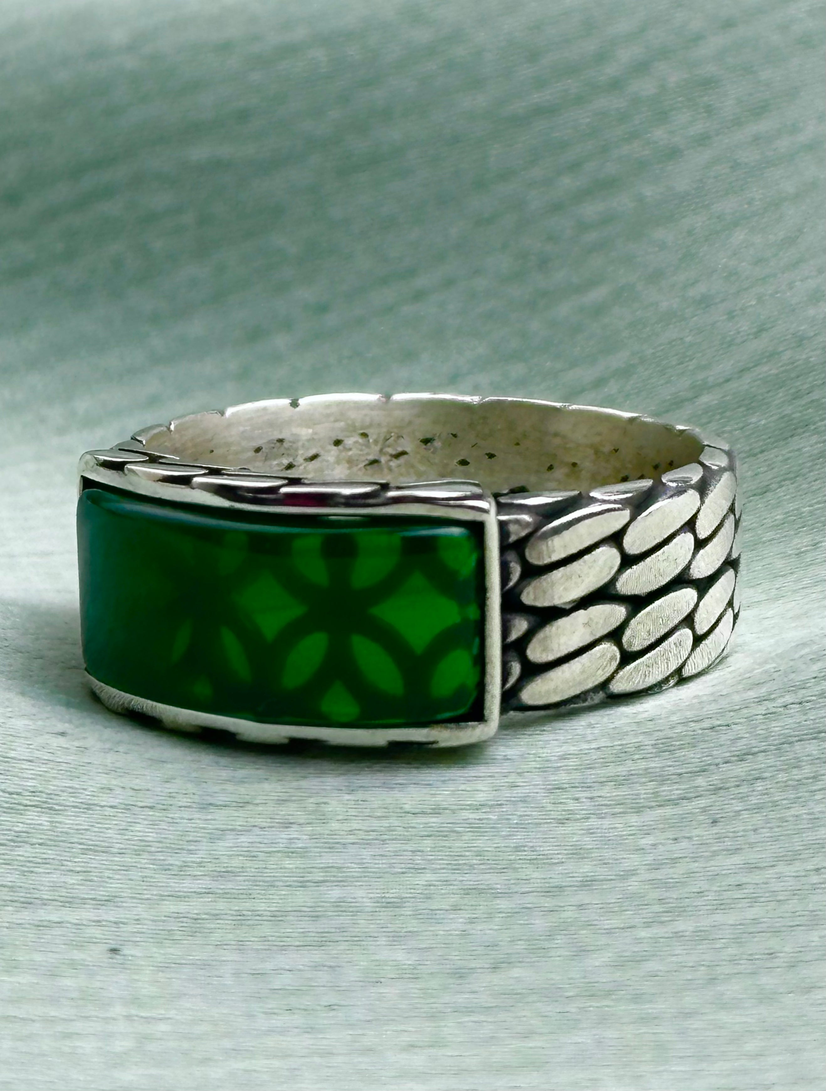 Men's Rectangle Green Agate Sterling Silver Ring - Minimalist Band