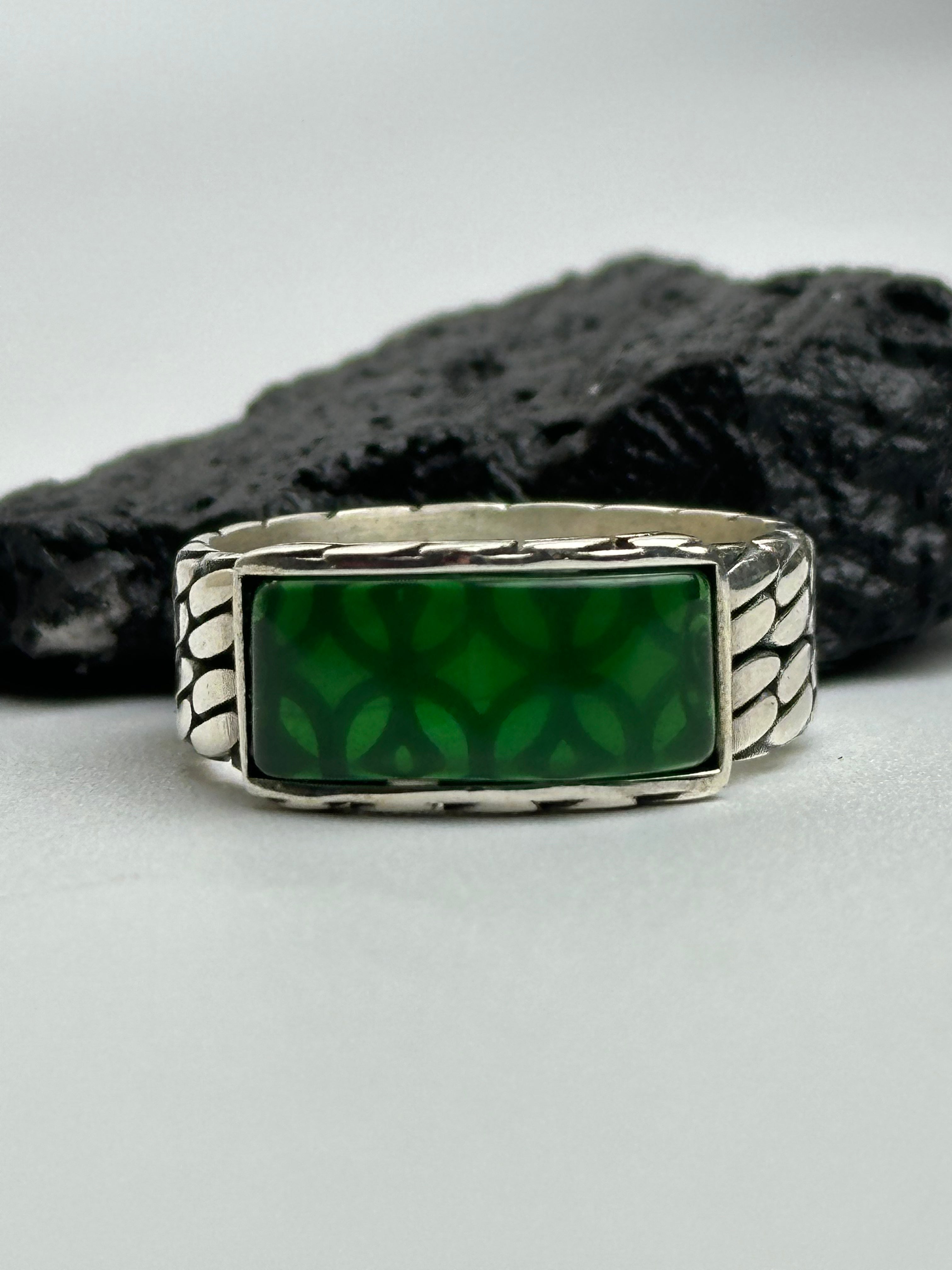 Men's Rectangle Green Agate Sterling Silver Ring - Minimalist Band