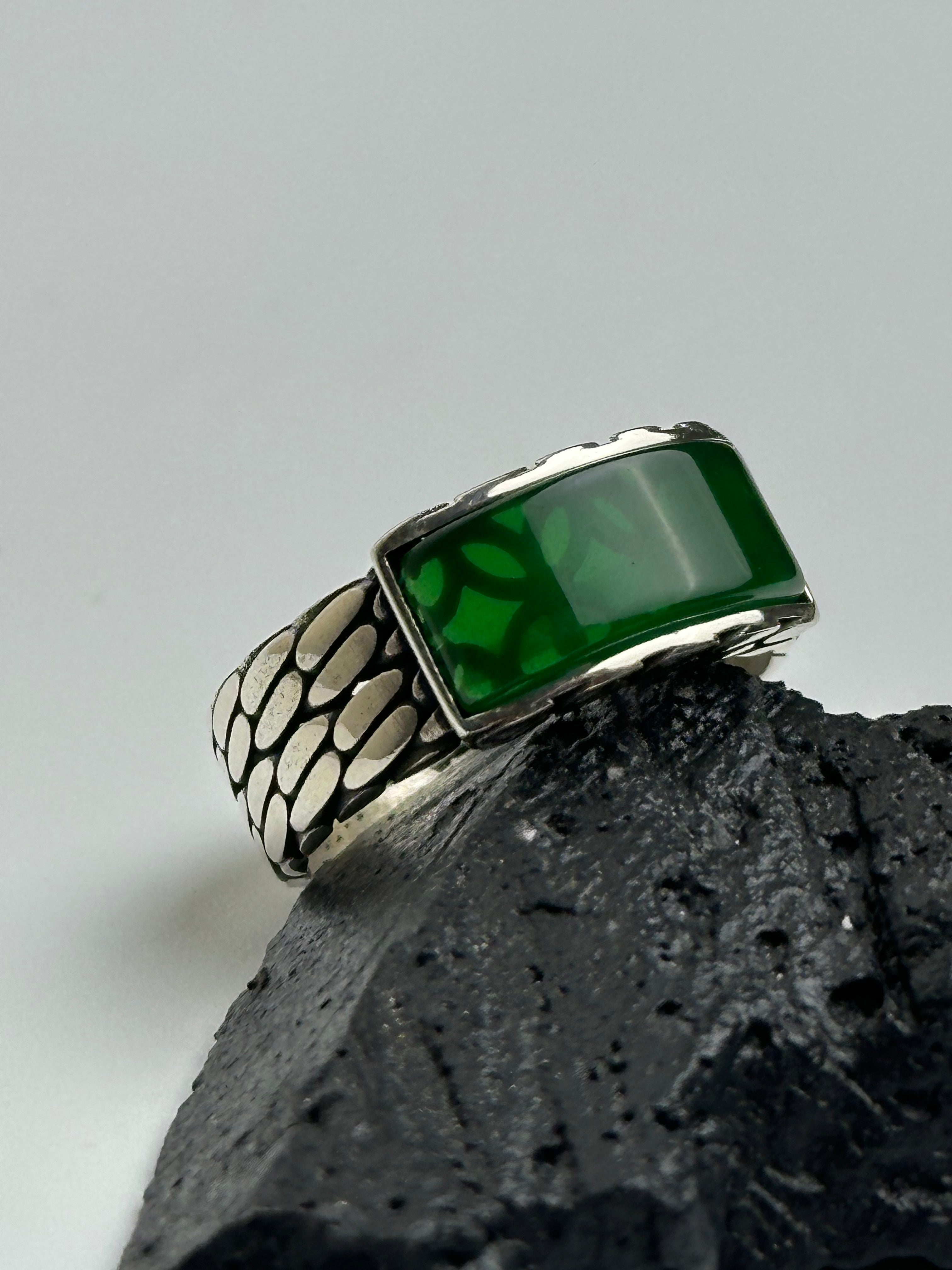 Men's Rectangle Green Agate Sterling Silver Ring - Minimalist Band