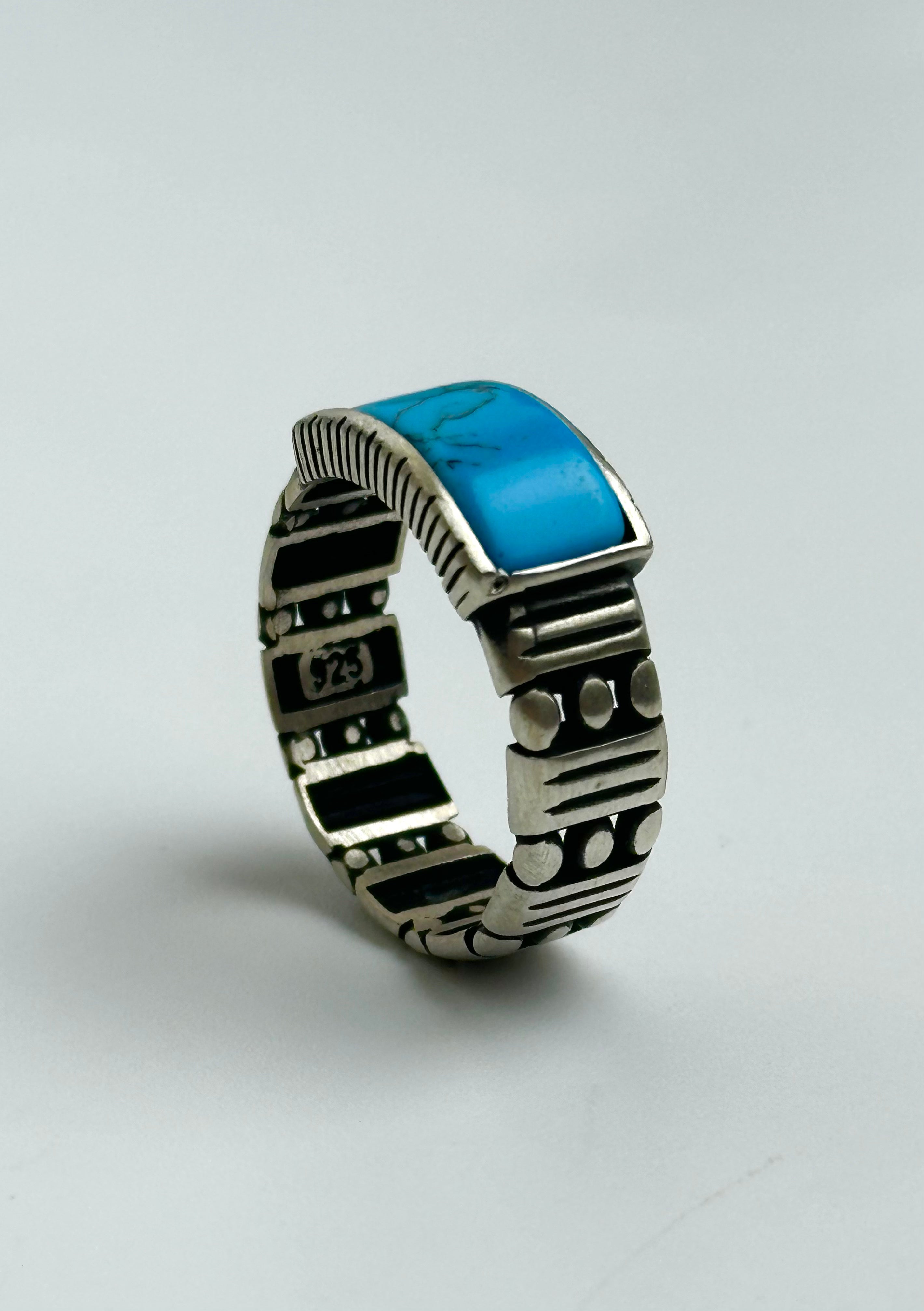 Handmade Sterling Silver Firoza Band Ring – Synthetic Turquoise Stone