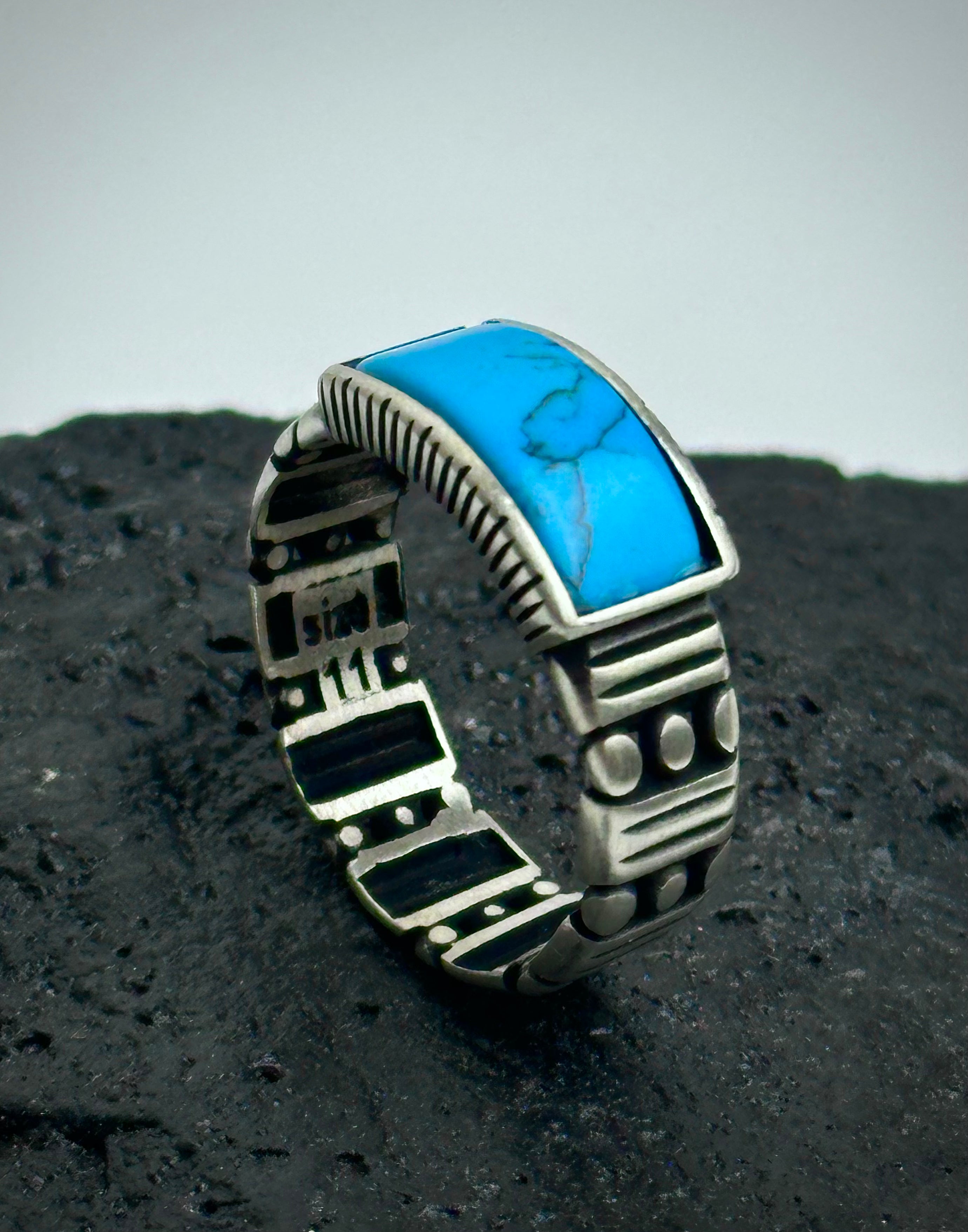 Handmade Sterling Silver Firoza Band Ring – Synthetic Turquoise Stone