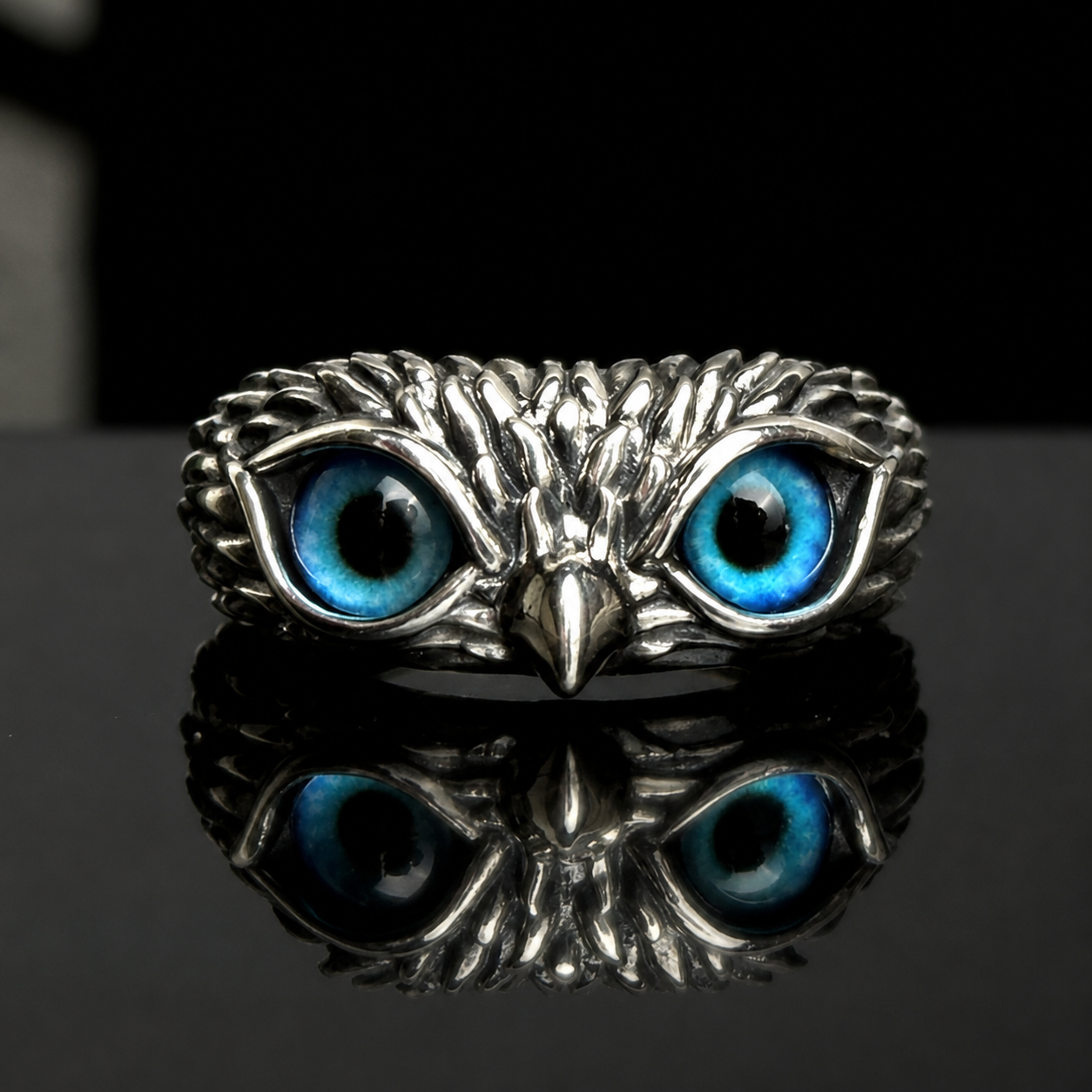 925 Sterling Silver Owl Ring with Synthetic Blue Agate Eyes