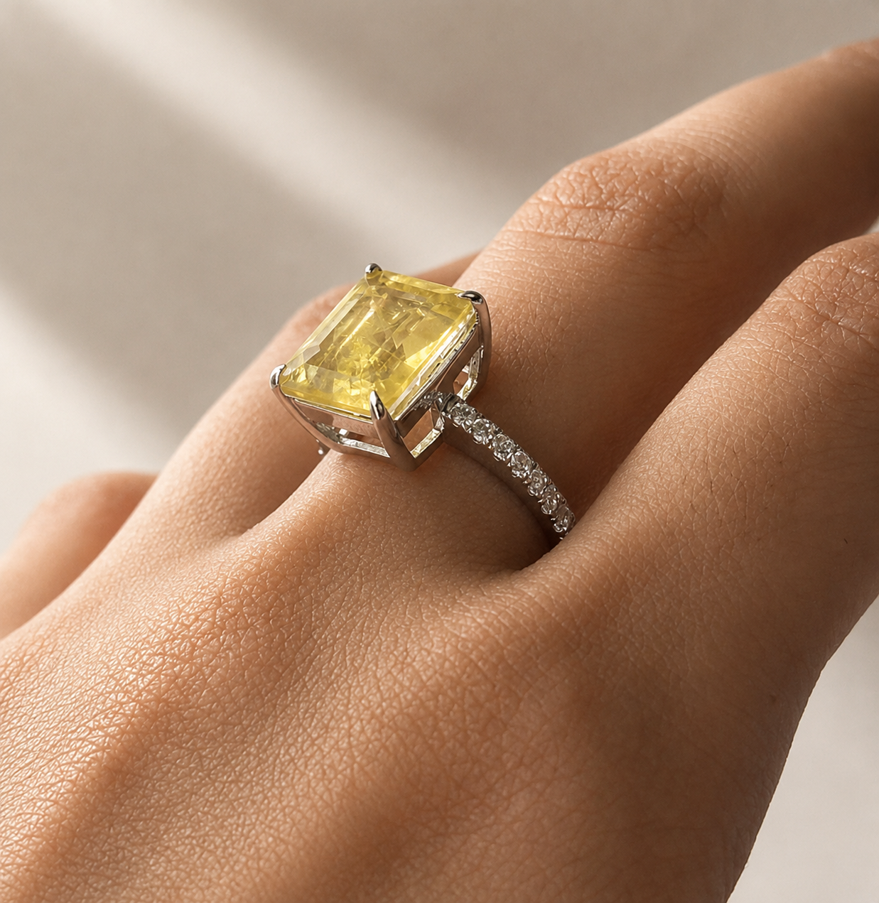 Radiant Cushion-Cut Synthetic Yellow Sapphire Ring