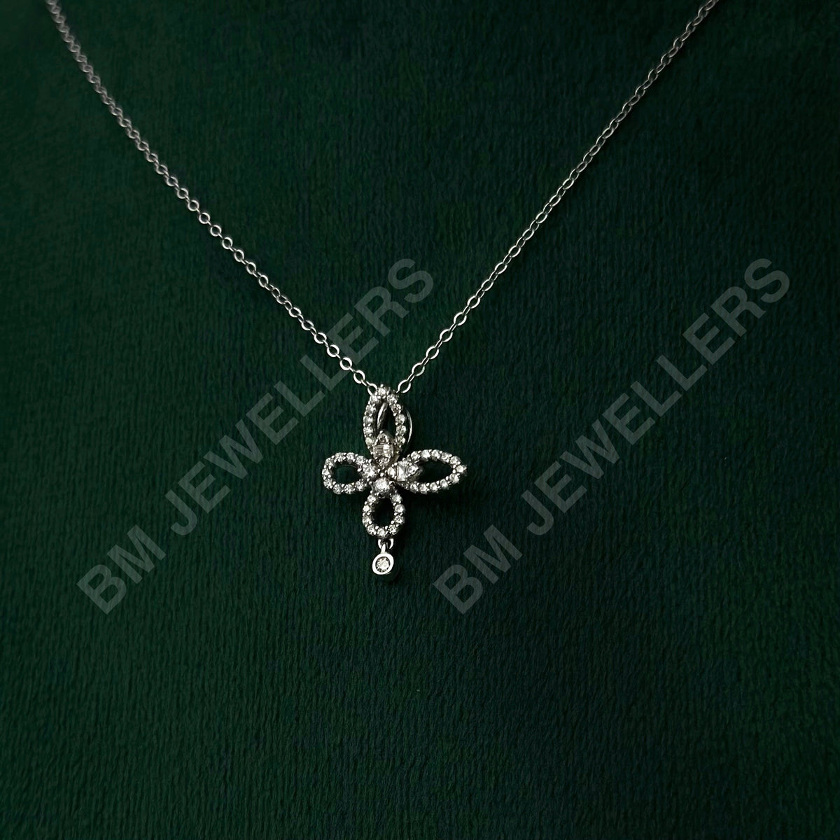 "The Paved Butterfly Round Drop Set" Clear Gemstone Pendant Necklace & Ear Studs in 925 Silver By BM Jewellers