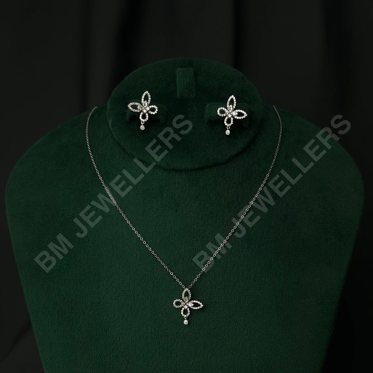 "The Paved Butterfly Round Drop Set" Clear Gemstone Pendant Necklace & Ear Studs in 925 Silver By BM Jewellers
